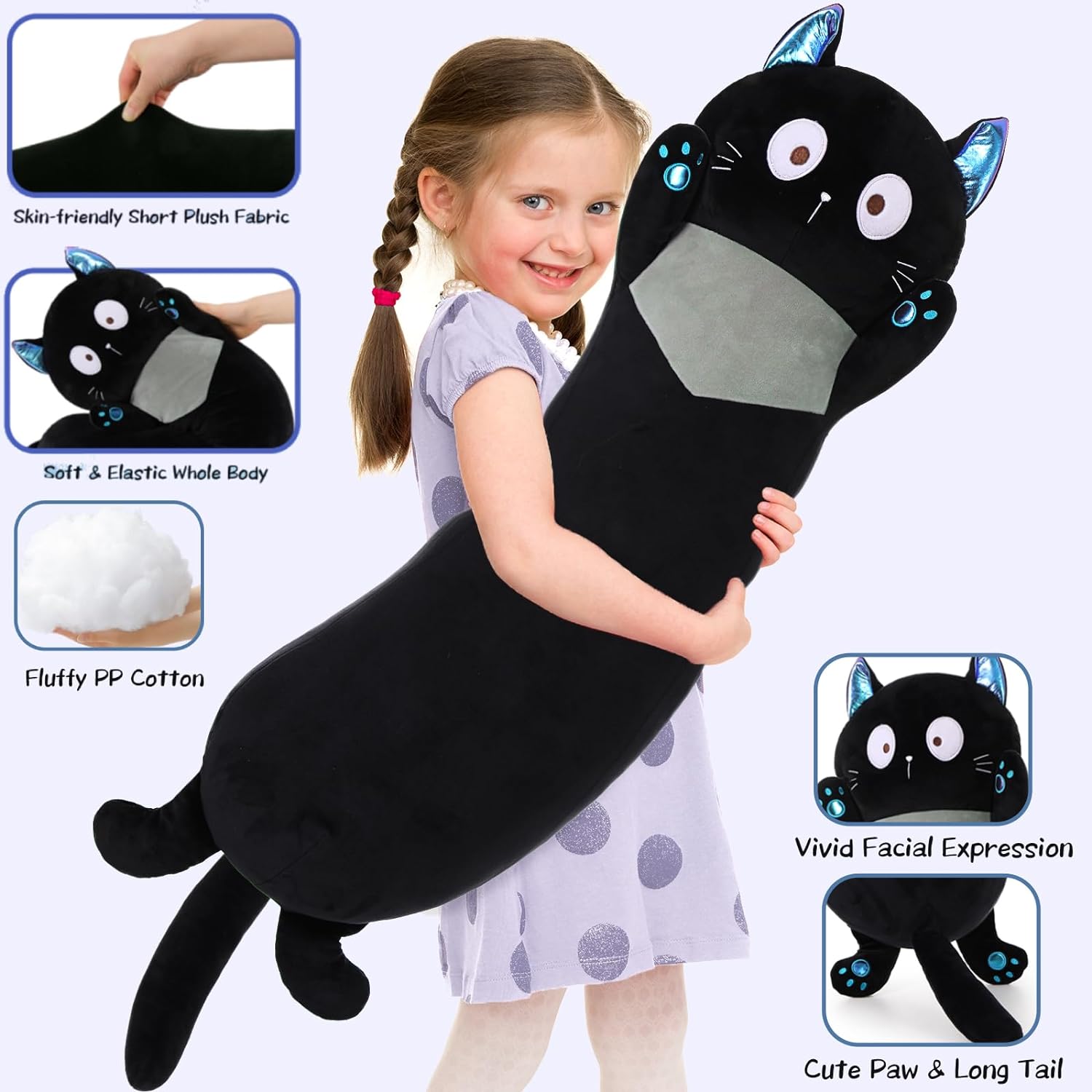 Black Cat Stuffed Animals Cat Long Throw Pillow, 39 Inches