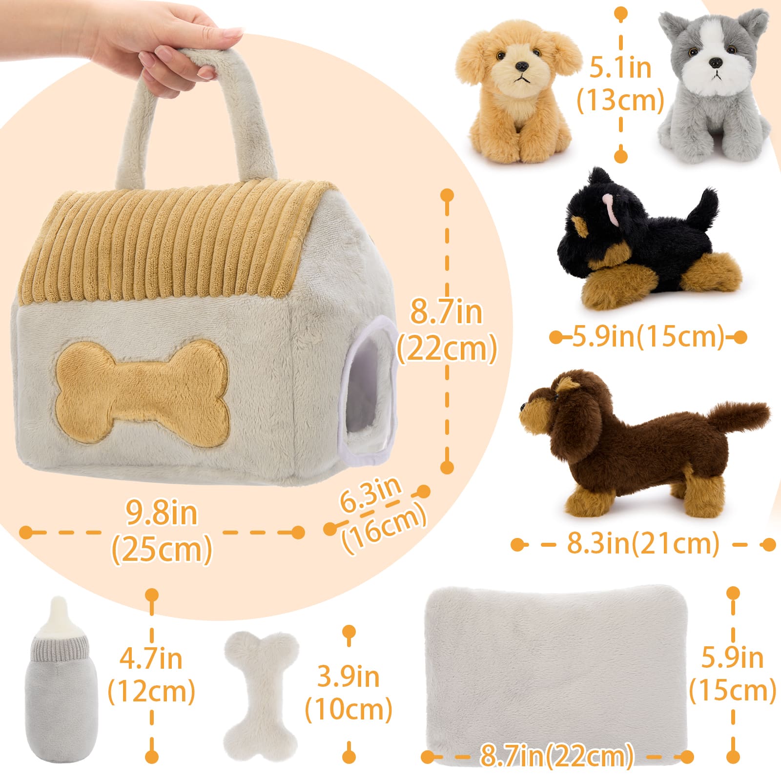 Plush Puppy Playset with Dog House – 8 Piece Stuffed Animal Toy Set for Kids