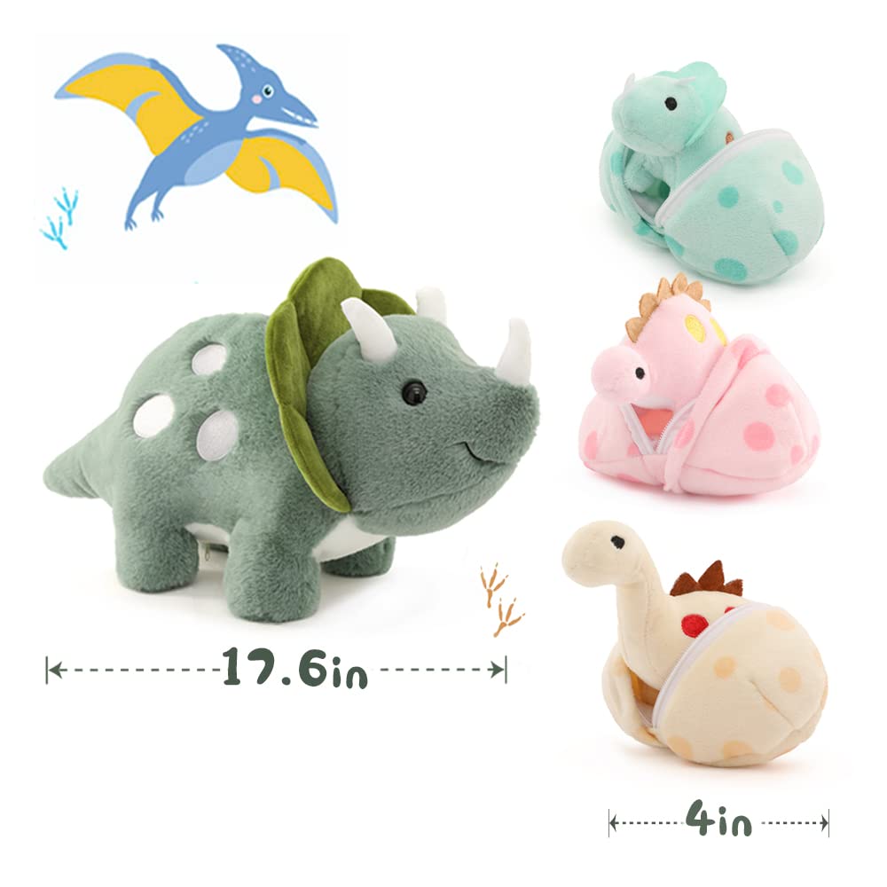 Dinosaur Plush Toy with 3 Baby Dinosaurs, Green/Pink, 17.6 Inches