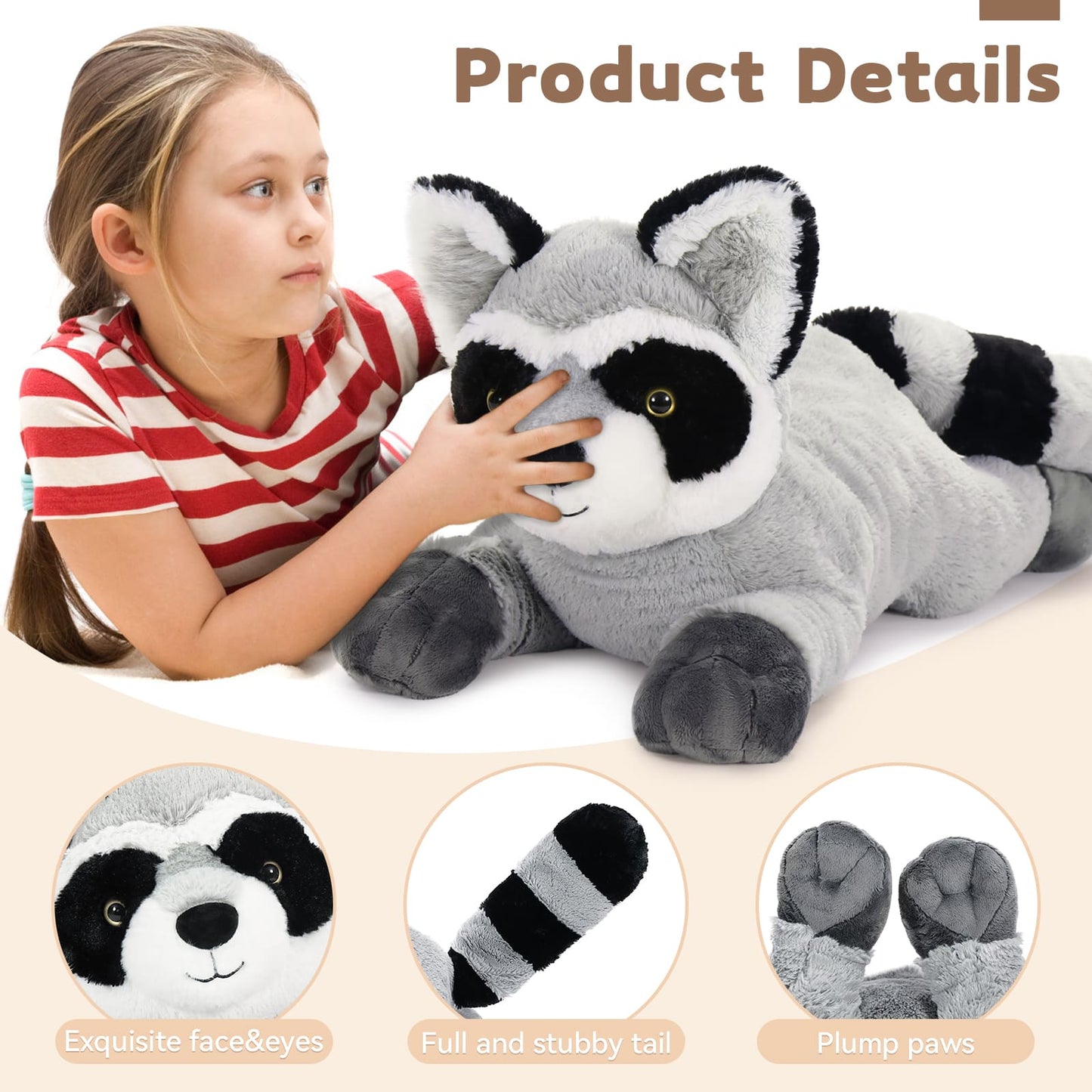 Realistic Raccoon Stuffed Animals - Large Raccoon Plush Toys 28 Inches - Cute Cartoon Raccoon Plush Pillows for Kids - Jungle/Safari Stuffed Animals - Christmas/Birthday/Valentine's Day/Baby Shower Gift Choice