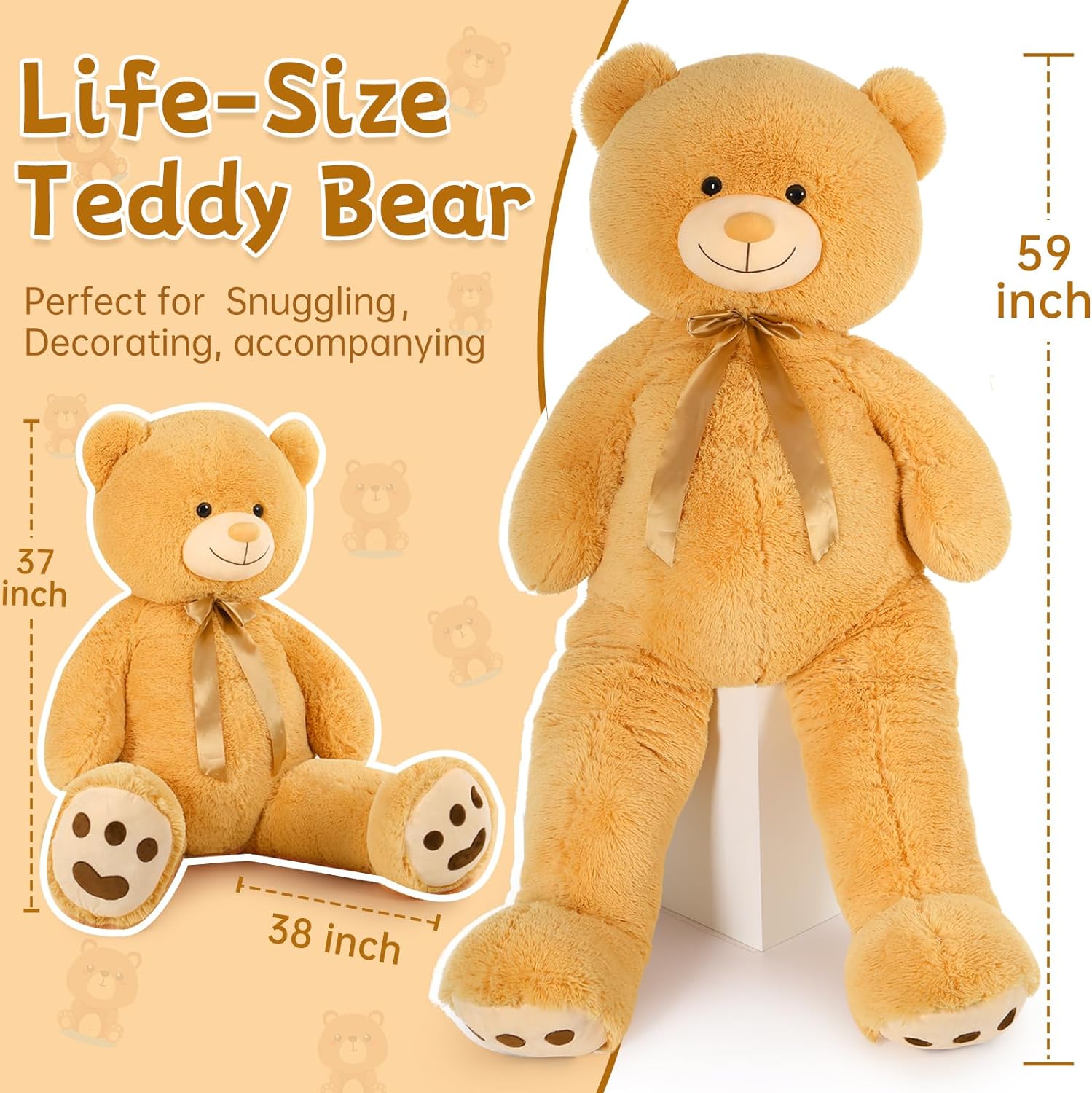 Large Teddy Bear Stuffed Toy, Light Brown/Pink, 5 FT