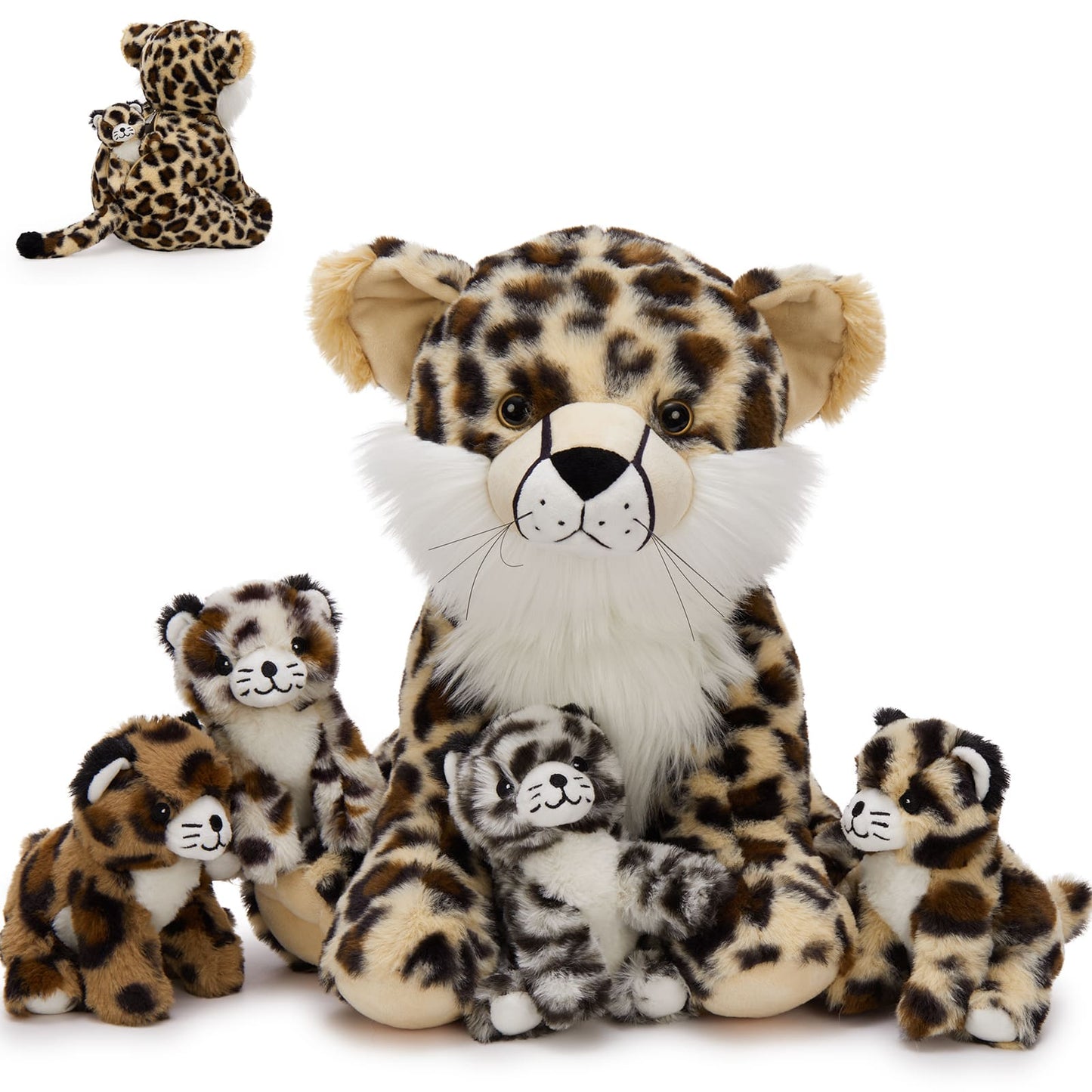Leopard Stuffed Animals with Babies inside the Belly - One Big Panther with Four Panther Baby Plush Toy Assortment - Jungle Safari Stuffies for Children Teen Adults - Jungle Safari Party Favors