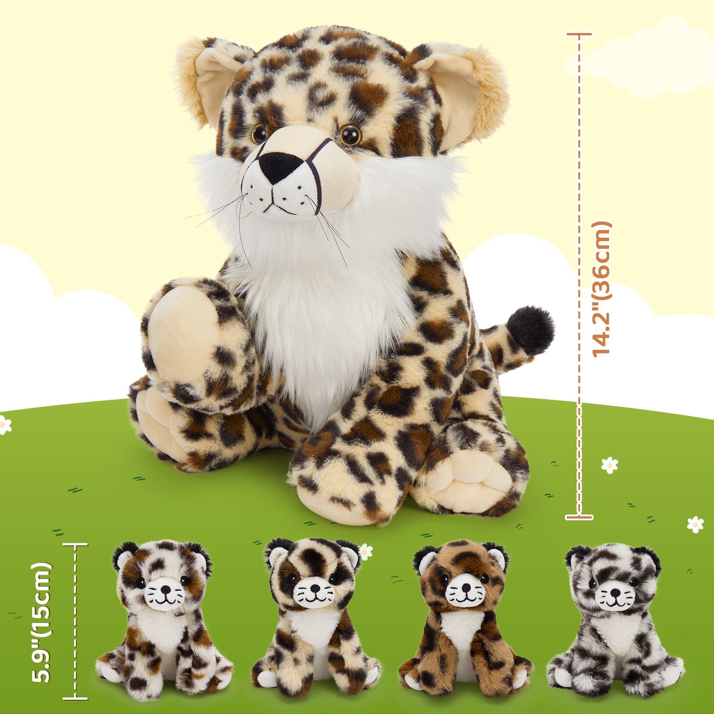 Leopard Stuffed Animals with Babies inside the Belly - One Big Panther with Four Panther Baby Plush Toy Assortment - Jungle Safari Stuffies for Children Teen Adults - Jungle Safari Party Favors