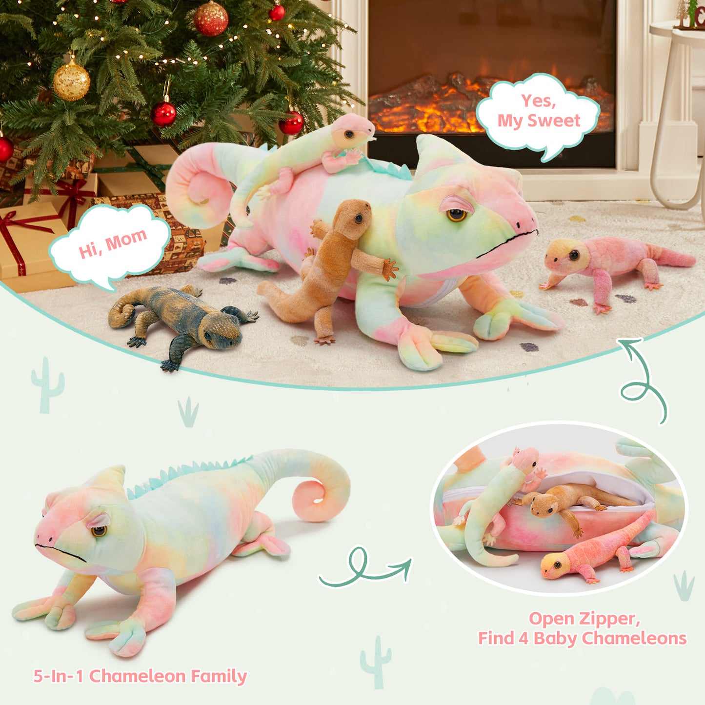 Lifelike Chameleon Stuffed Animals - One Big Lizard with Four Lizard Baby Plush Toys - Stuffed Animals with Babies in the Belly - Stuffed Animal Babies with Their Mom - Free Shipping Now