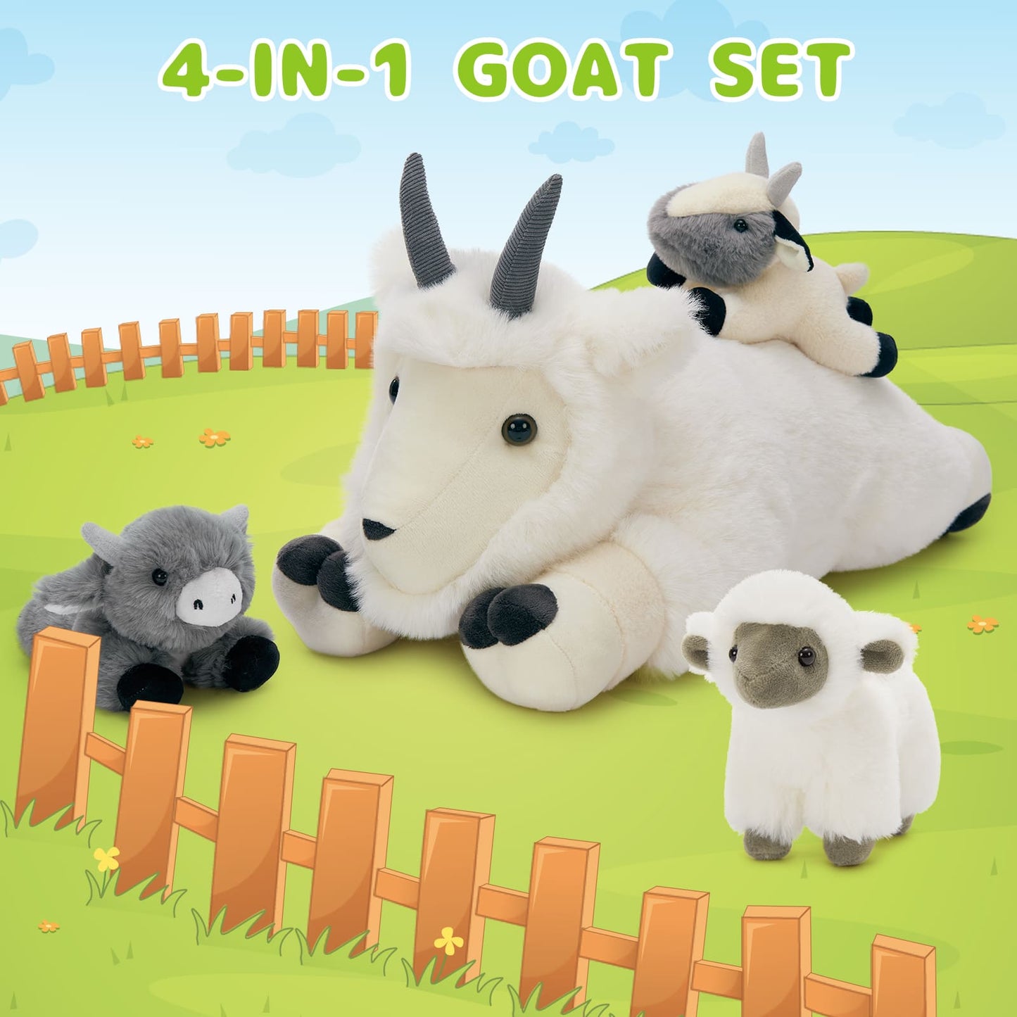 Goat Stuffed Animals - Mountain Goat Plush Toys17.72 Inches - Stuffed Animal Goat Babies with Their Mom - Mountain Goat Stuffed Animals with Babies In The Belly - Realistic Goat Plush Dolls for Children - Farm Plush Toys for Kids Teens Adults