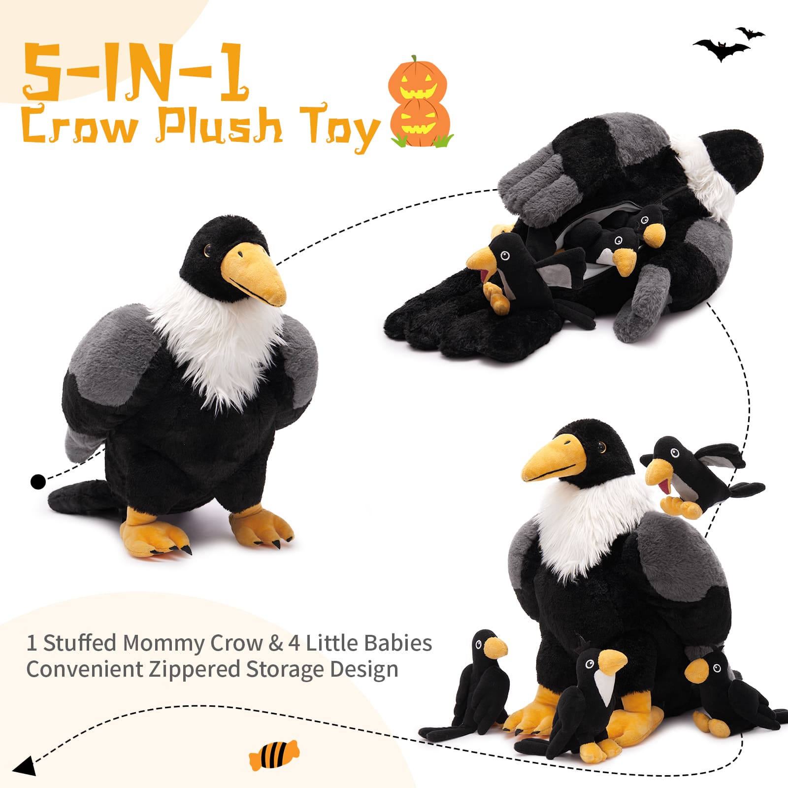 Pied Crow Stuffed Animals Raven Plush Toys, Black, 25.6 Inches