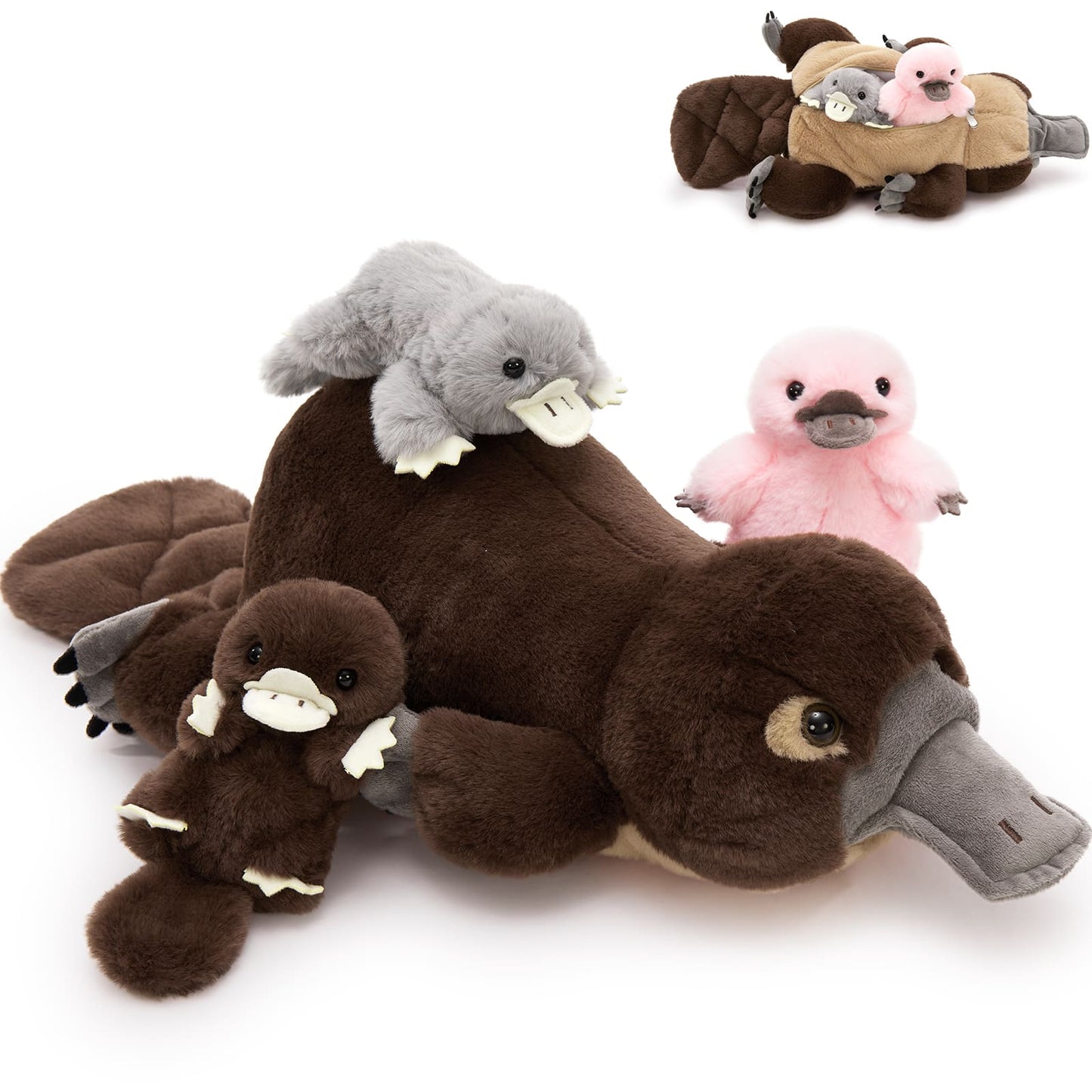 Realistic Duckbill Plush Toys - 4 Pcs Simulation Platypus Stuffed Animals - Cute Duckbill Plush Dolls - Stuffed Animal Platypus Babies with Their Mom - Gifts for Kids Teens Adults