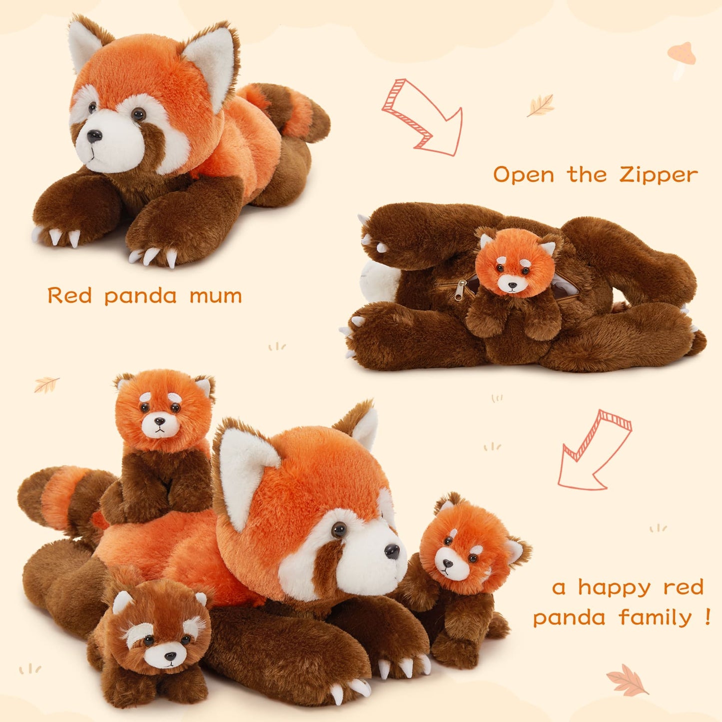 Lifelike Red Panda Stuffed Animals - Three Stuffed Animal Red Panda Babies with Their Mom - Red Panda Stuffed Animal with Babies In The Belly - Realistic Jungle Safari Red Panda Plush Toys - St. Patrick's Gifts Favor Supplies Family Set - Christmas Birthday Valentine's Day Easter Gift for Girls Boys Kids Teens Adults