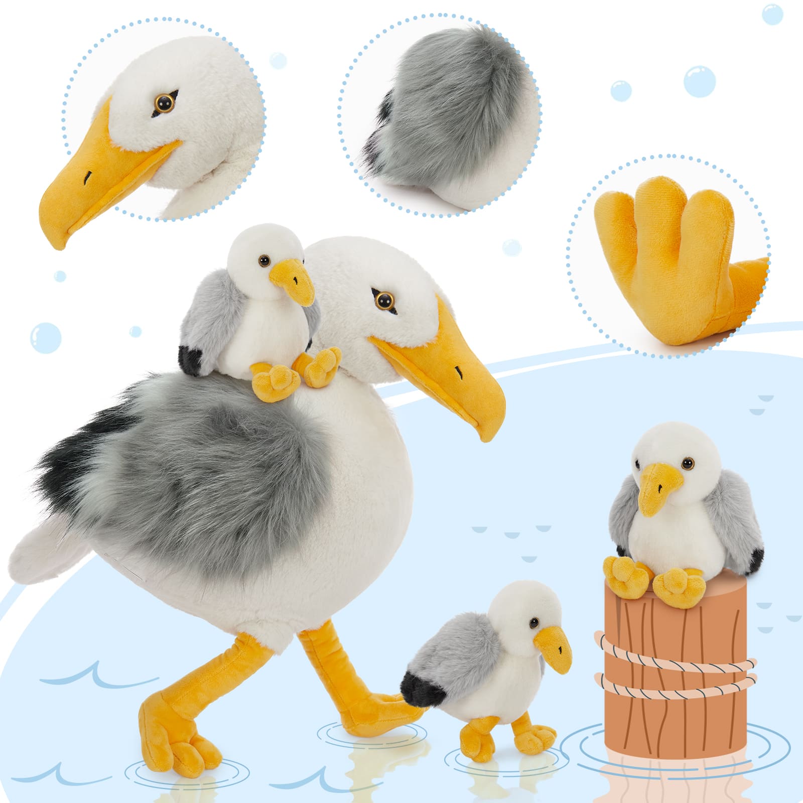 Big Seagull with Three Baby Seagull Stuffed Animals, 17.72 Inches