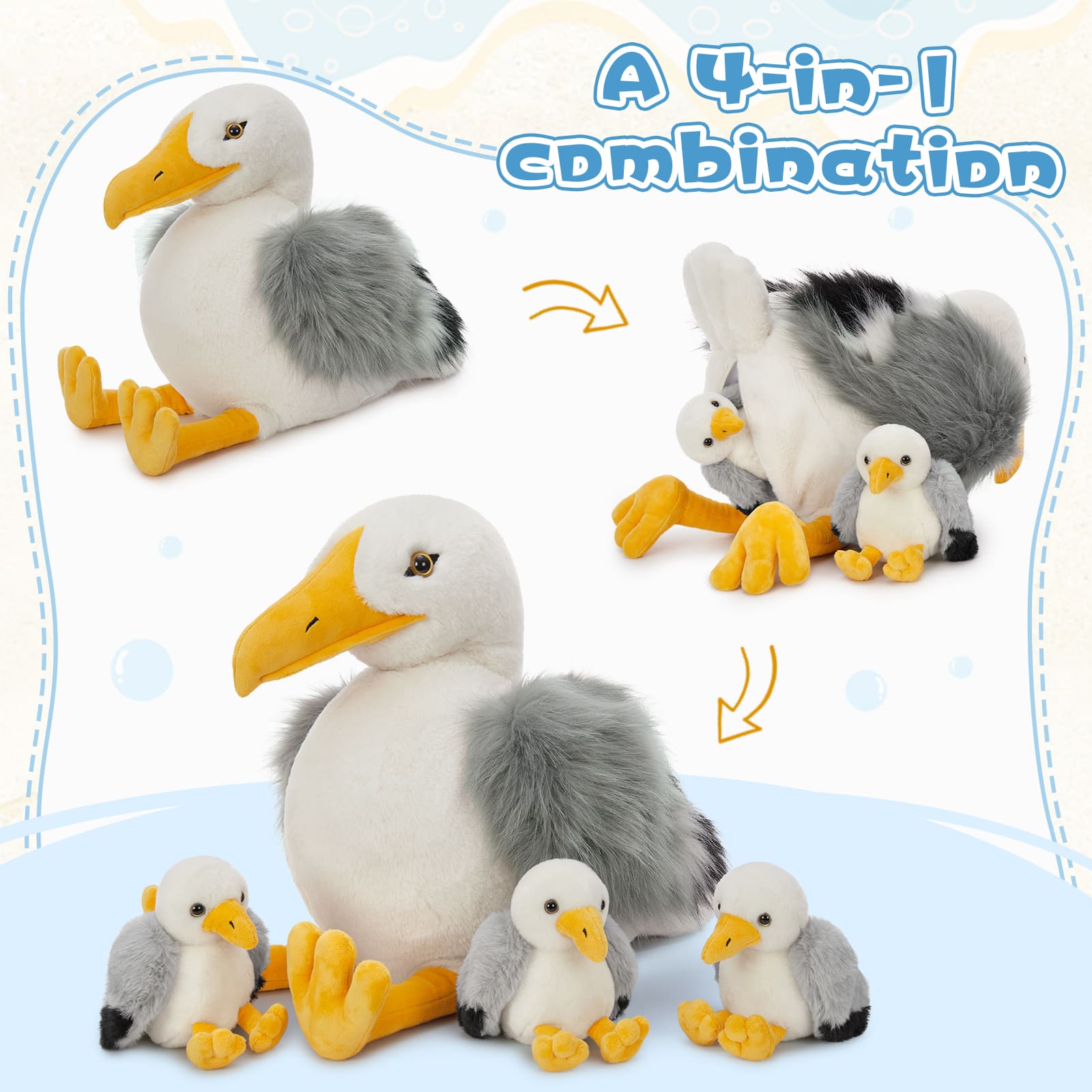 Big Seagull with Three Baby Seagull Stuffed Animals, 17.72 Inches
