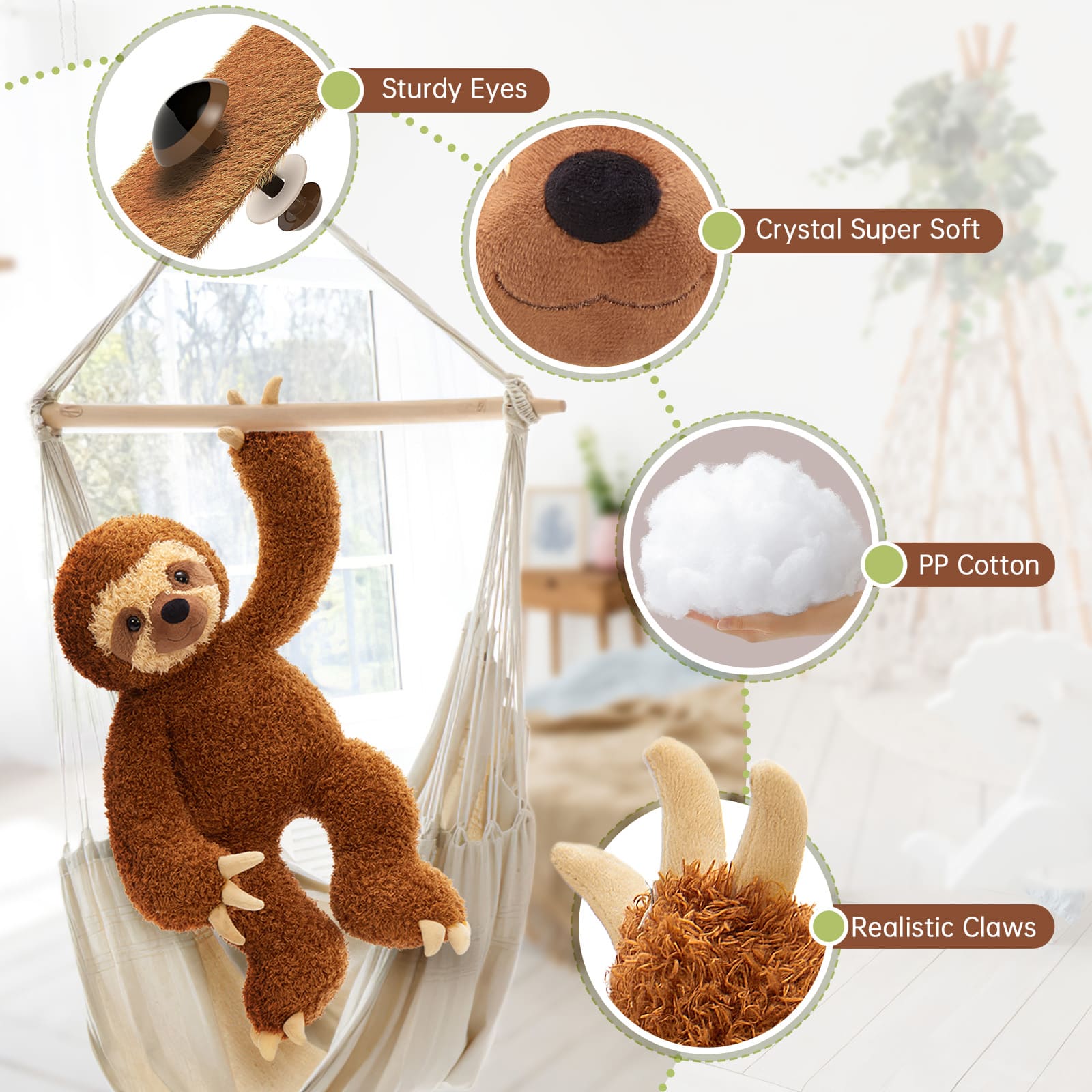 Lifelike Sloth Stuffed Animals, Dark Brown, 18 Inches