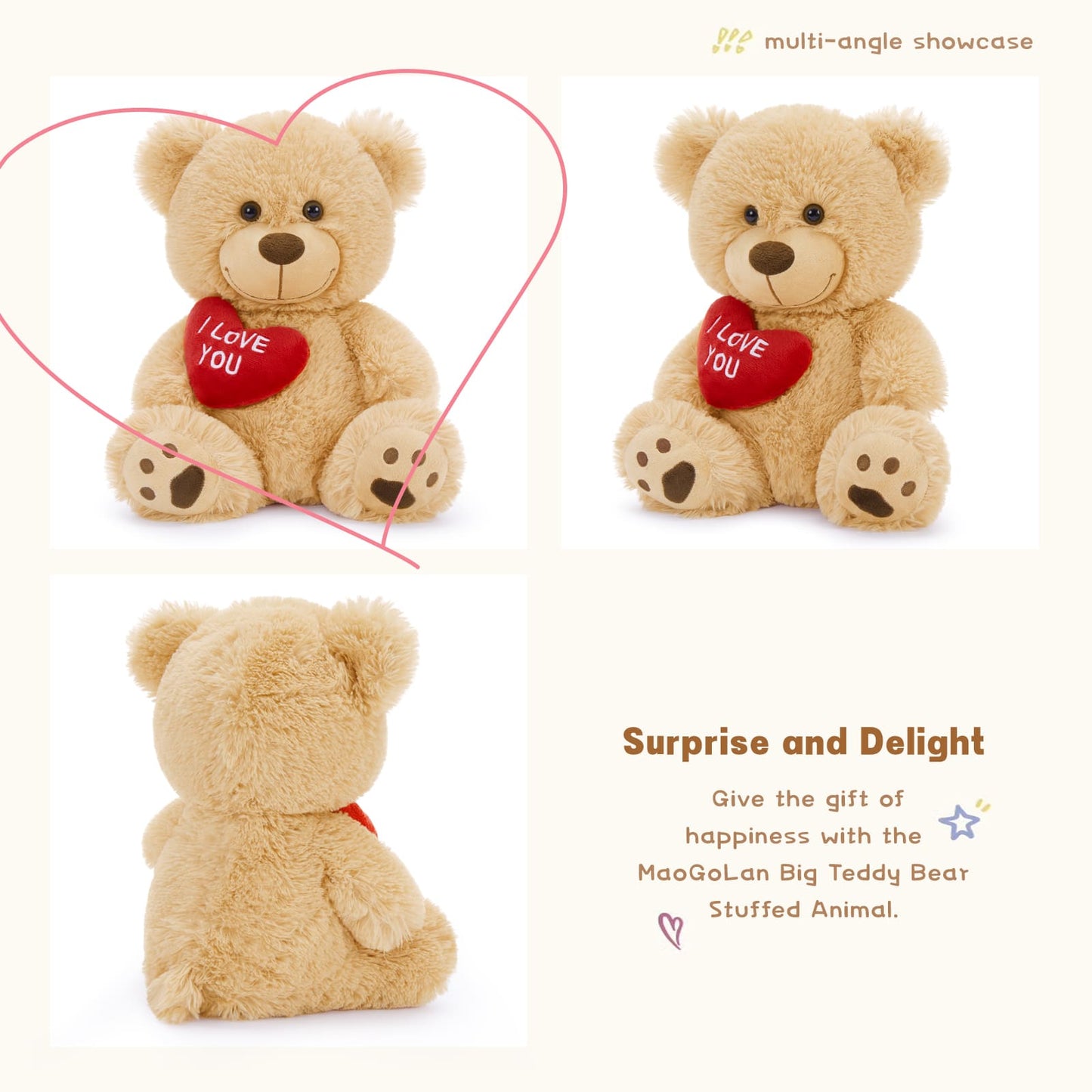 Stuffed Mocha Heart Bear – I Love You - Brown Plush Bear Toy for Kids & Adults - Embroidered Heart Throw Pillow - Valentine's Day Teddy Bear Stuffed Animals - 12 Inch Teddy Bear Plush Toys - Teddy Bear with Hearts