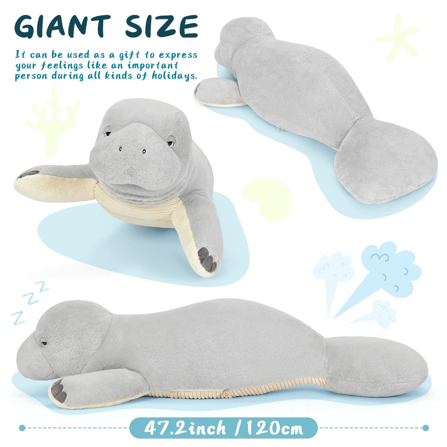 Manatee Stuffed Animals Sea Cow Plush Toys, Grey, 47 Inches - MorisMos Stuffed Animals - Free Shipping