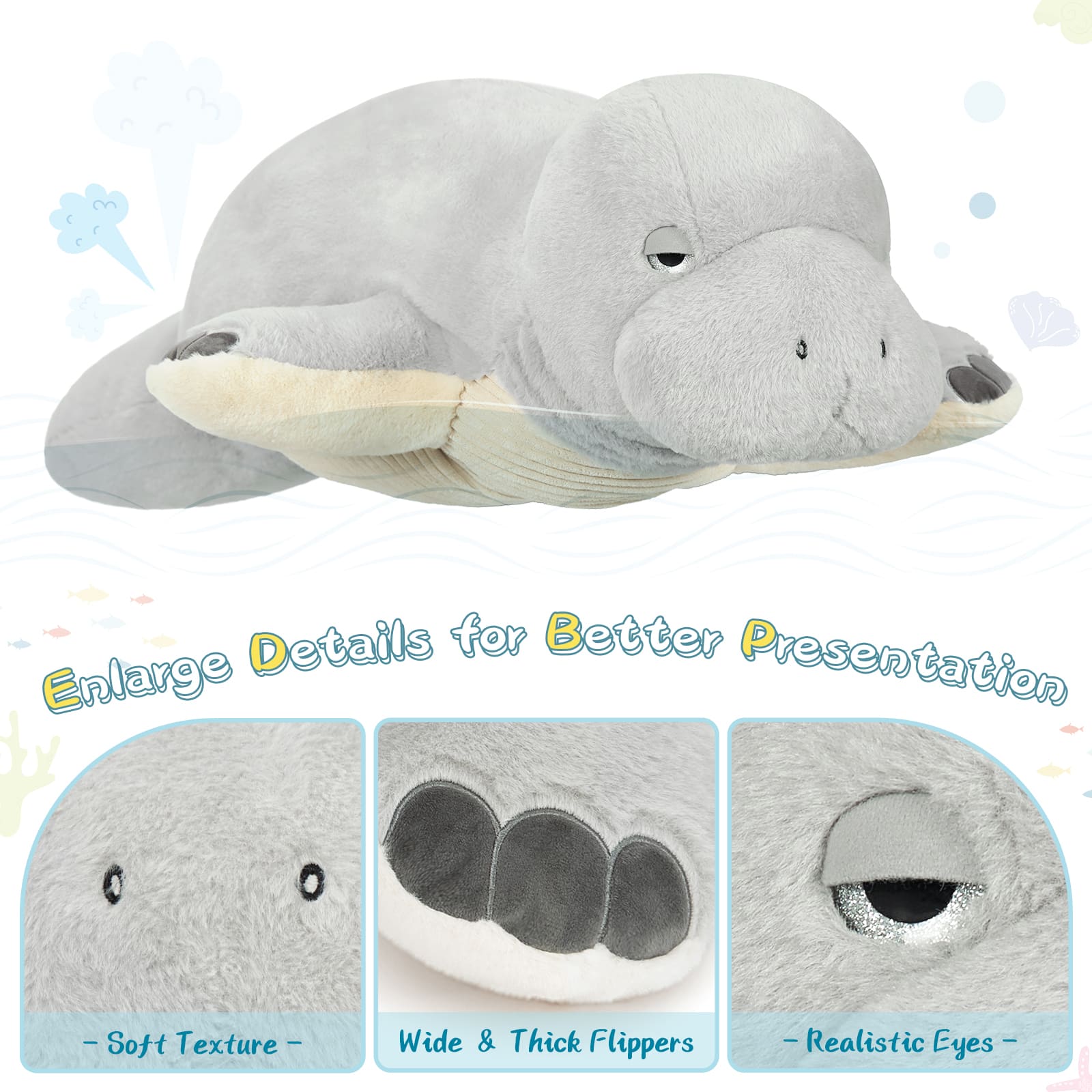 Manatee Stuffed Animals Sea Cow Plush Toys, Grey, 47 Inches