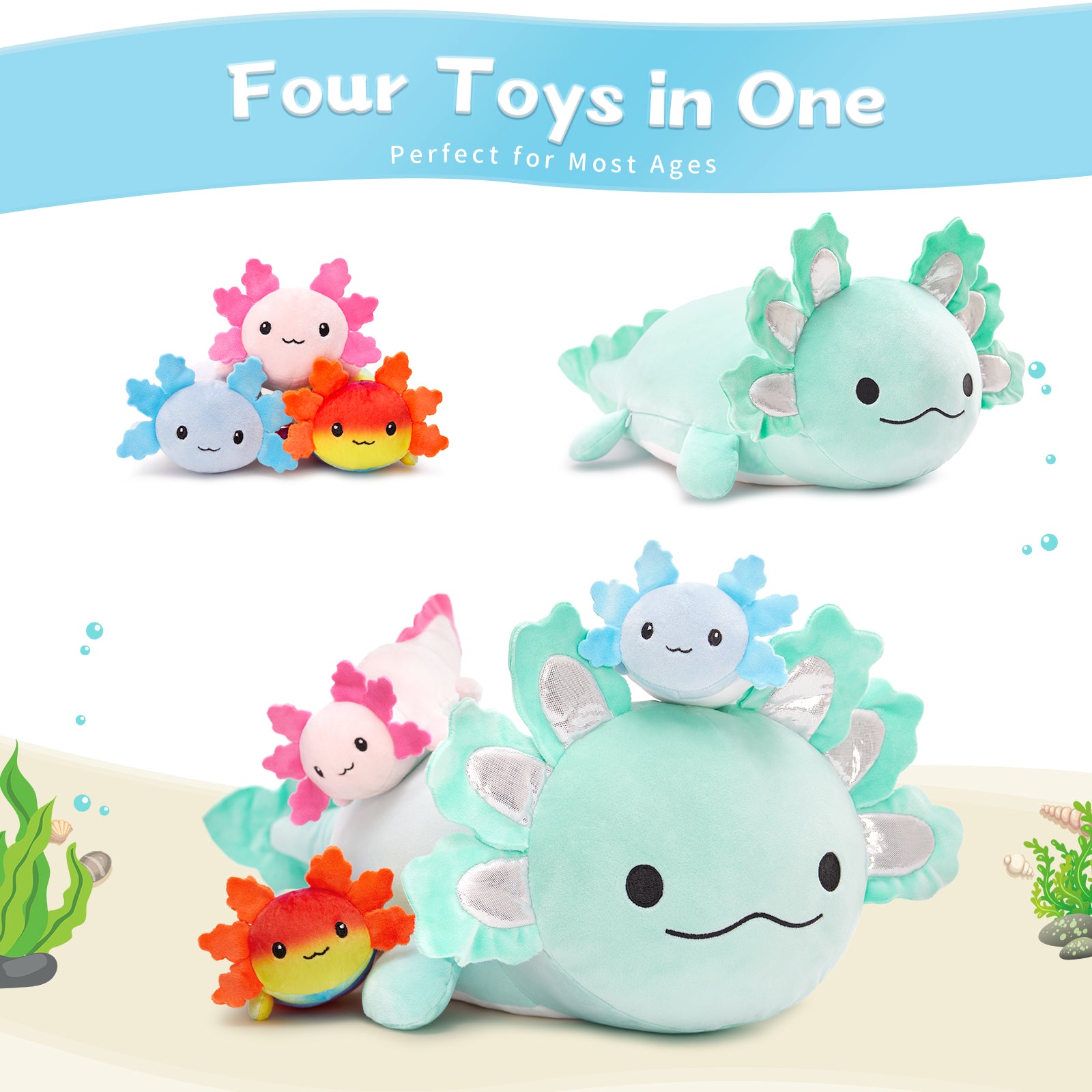 Peluche Axolotl avec 3 bébés, 23,5 pouces