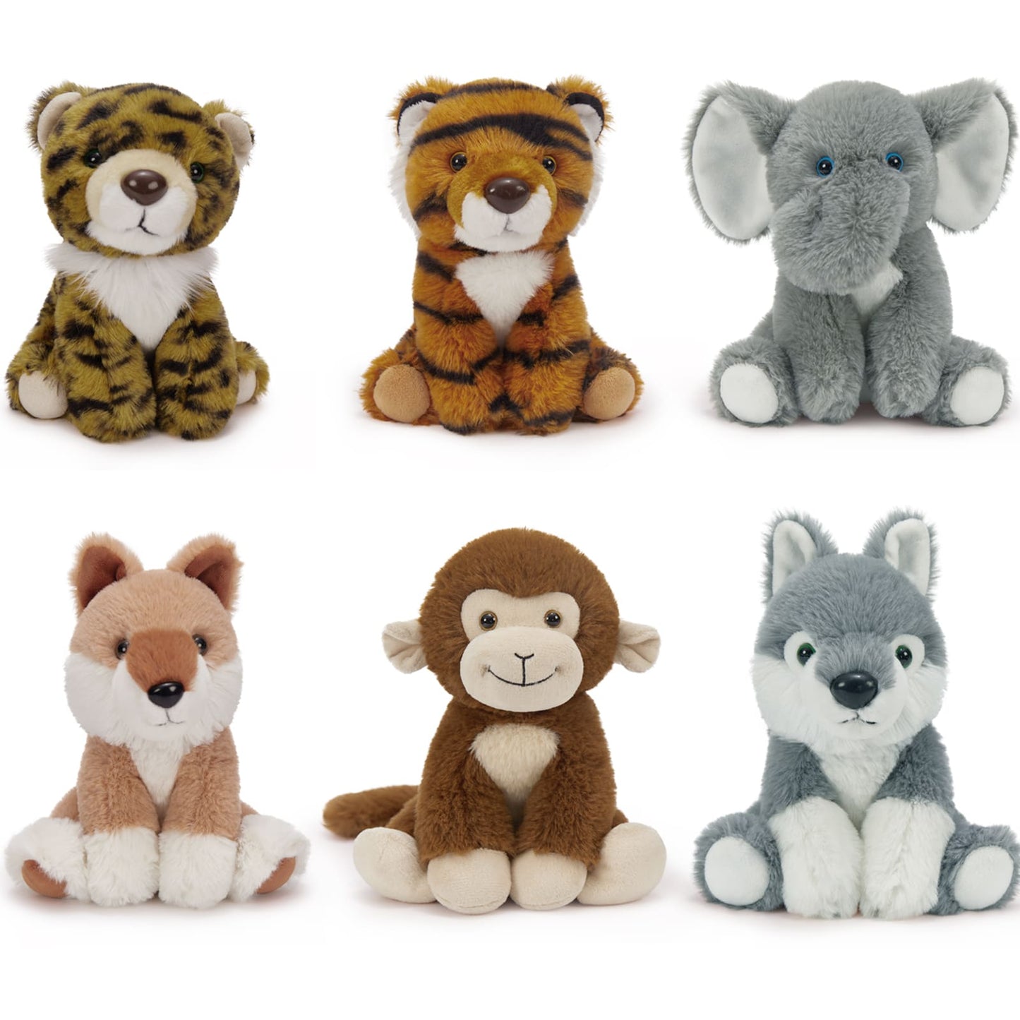 6 Pcs Small Jungle Stuffed Animals Bulk, 7 Inches - Safari Small Plush Toys for Centerpieces - Tiger/Wolf/Leopard/Fox/Monkey/Elephant Forest Plush Toy Set - Free Shipping