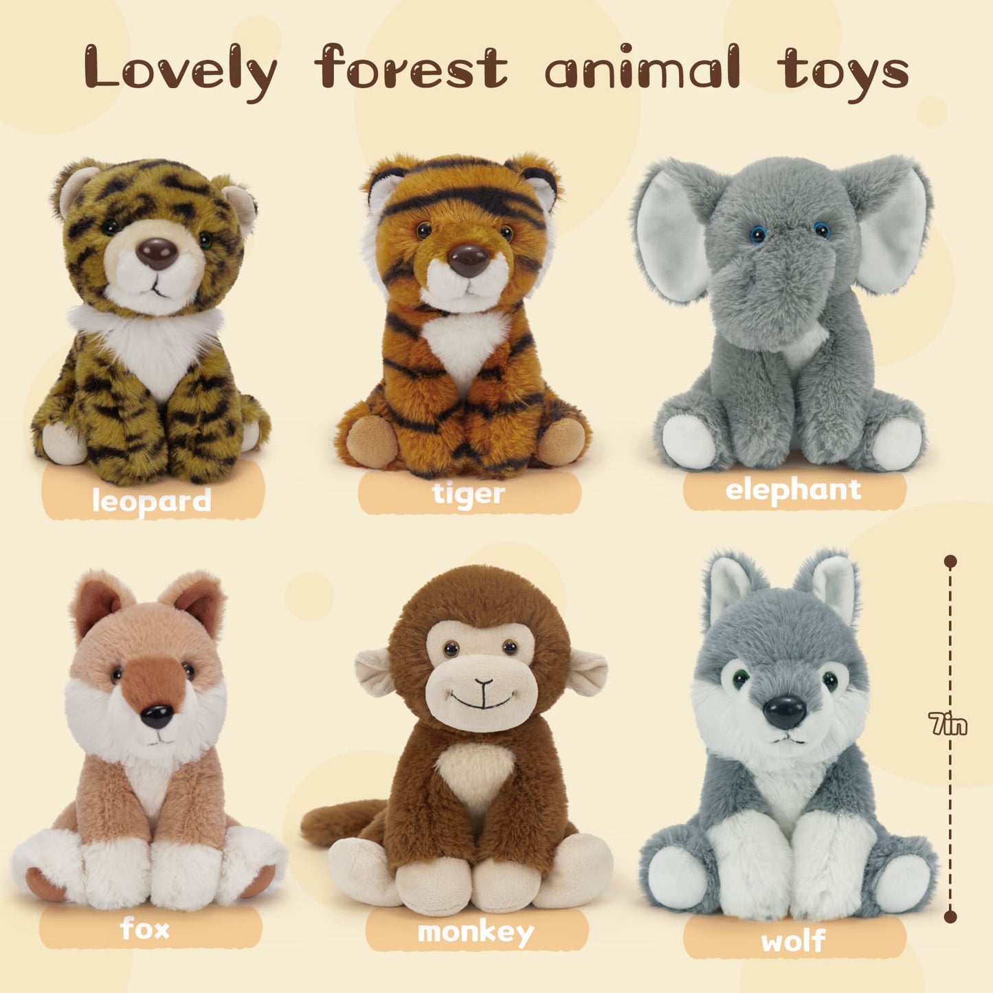 6 Pcs Small Jungle Stuffed Animals Bulk, 7 Inches - Safari Small Plush Toys for Centerpieces - Tiger/Wolf/Leopard/Fox/Monkey/Elephant Forest Plush Toy Set - Free Shipping