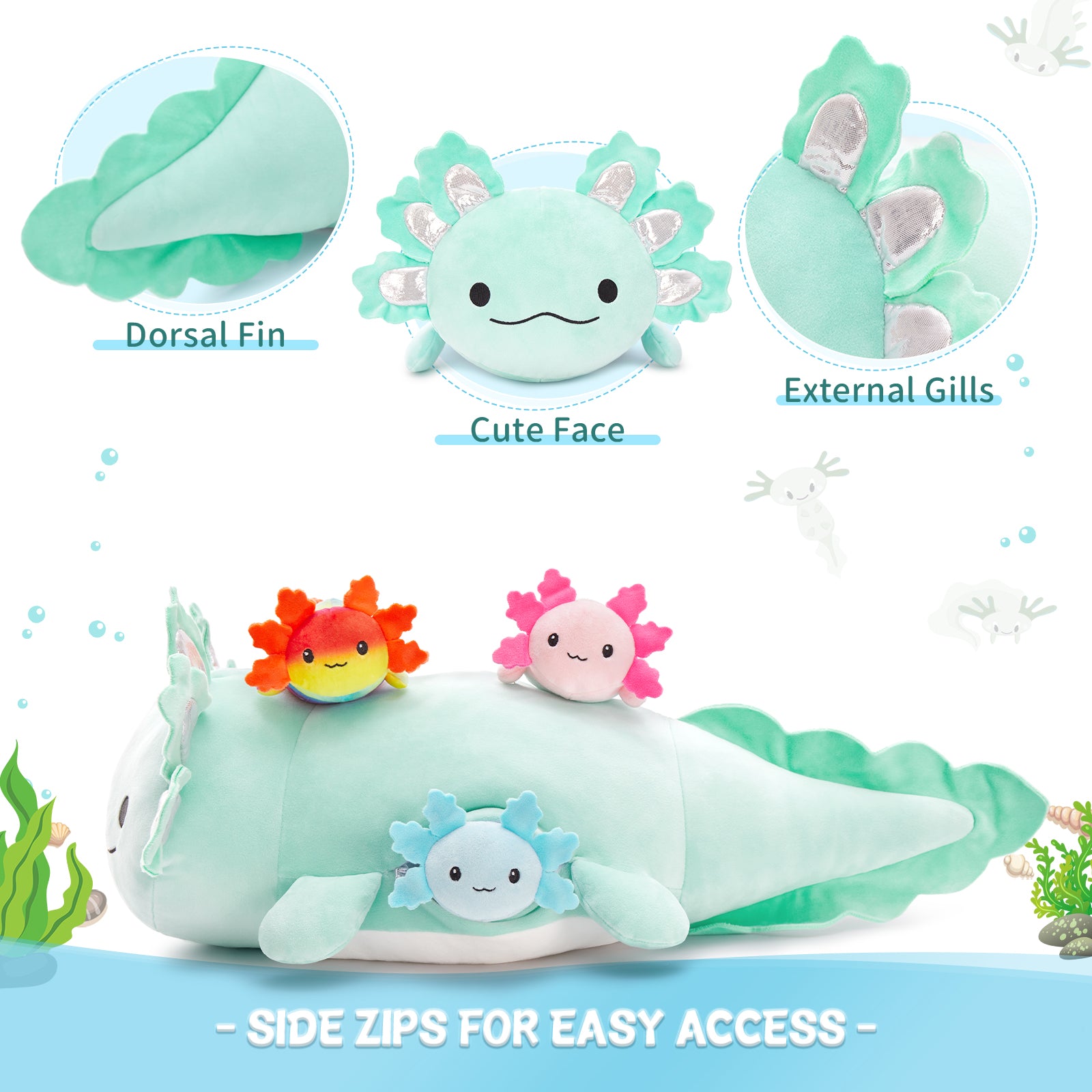 Peluche Axolotl avec 3 bébés, 23,5 pouces