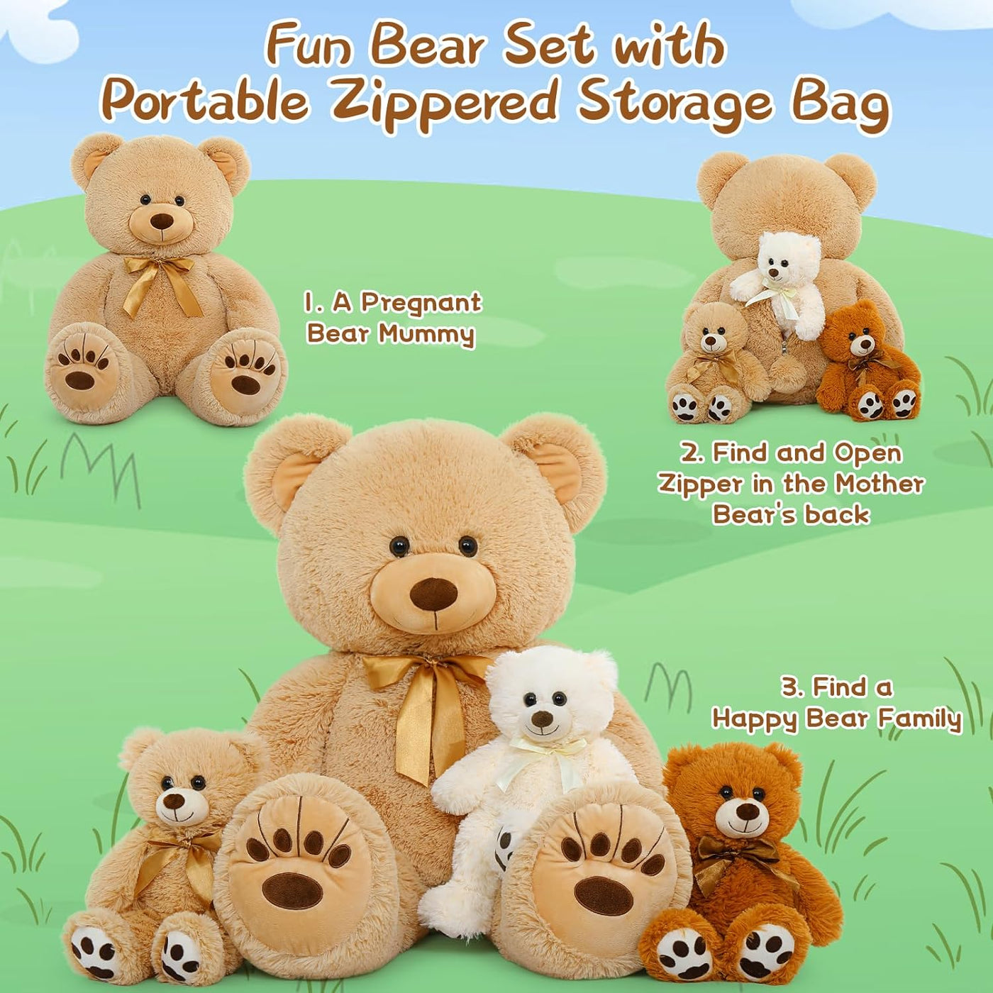 Mom Teddy Bear with Three Baby Bears, 35 Inches