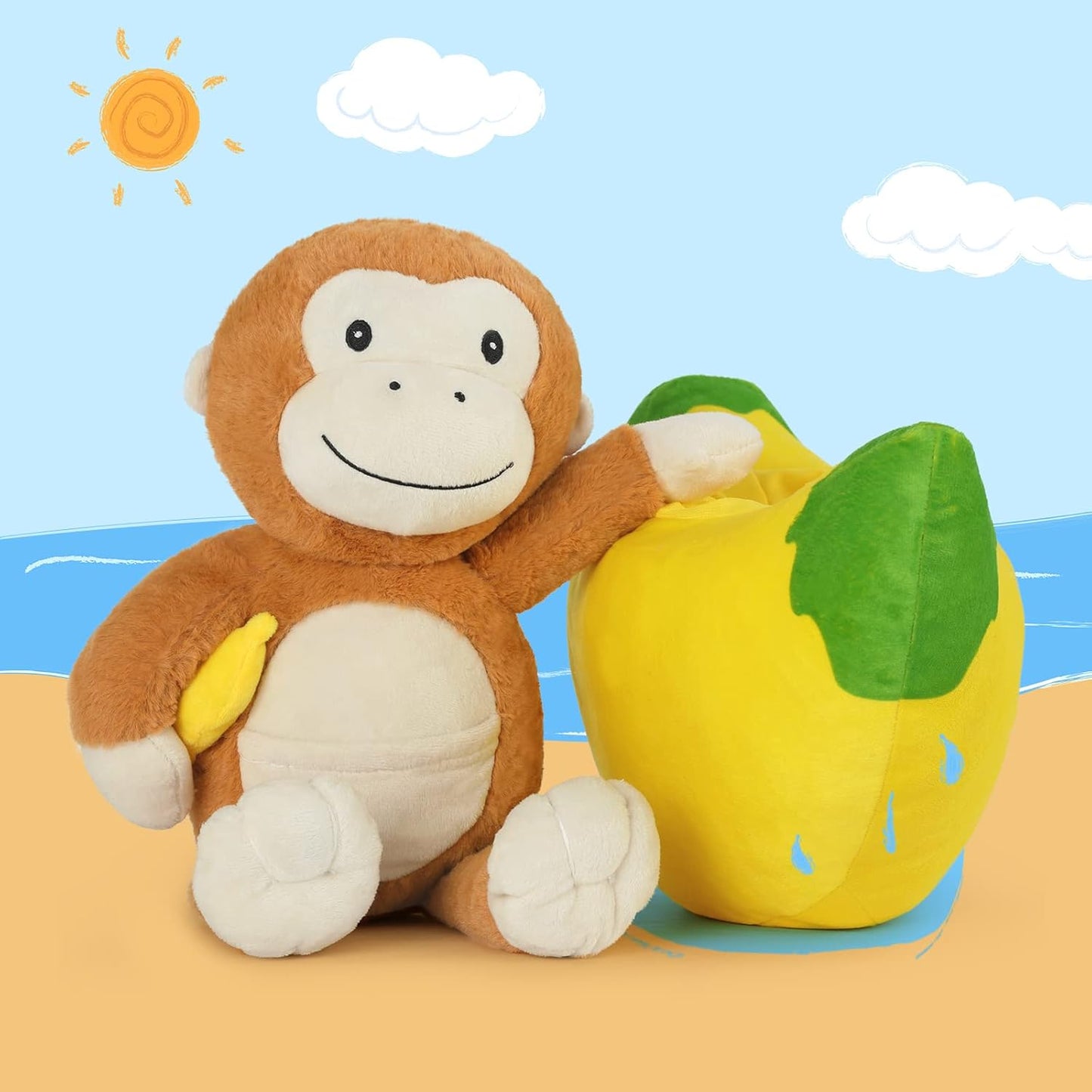 Two Piece Monkey Banana Plush Toy Set, 17 Inches - Monkey Stuffed Animals - Banana Plush Toys - Free Shipping