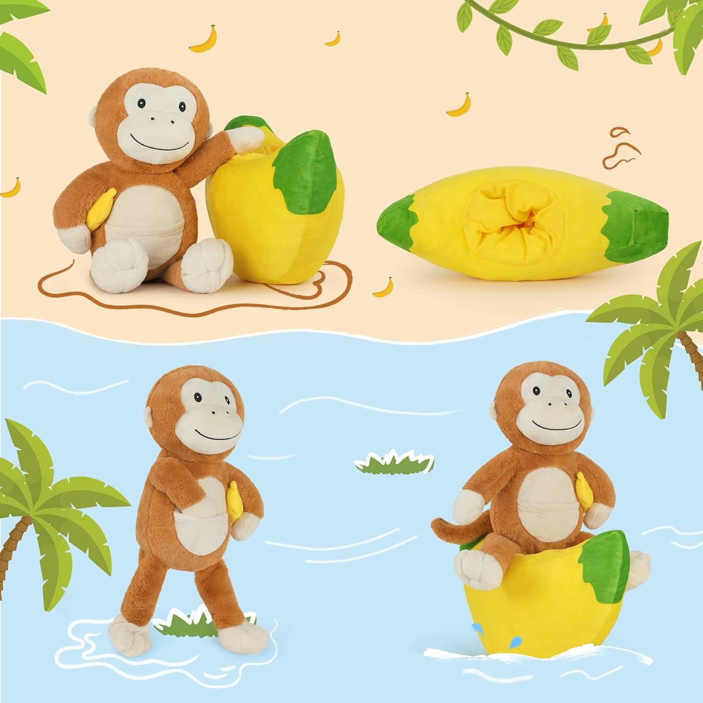 Two Piece Monkey Banana Plush Toy Set, 17 Inches - Monkey Stuffed Animals - Banana Plush Toys - Free Shipping