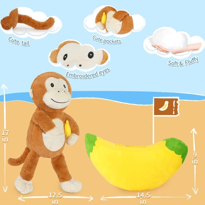 Two Piece Monkey Banana Plush Toy Set, 17 Inches - Monkey Stuffed Animals - Banana Plush Toys - Free Shipping