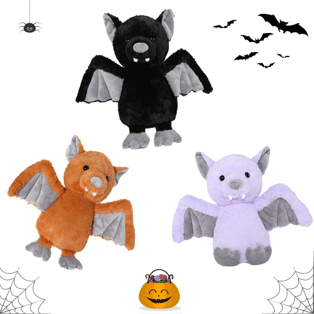 3 Pack Bat Plush Toy Set, 14 Inches, Black/Brown/Purple - MorisMos Stuffed Animals