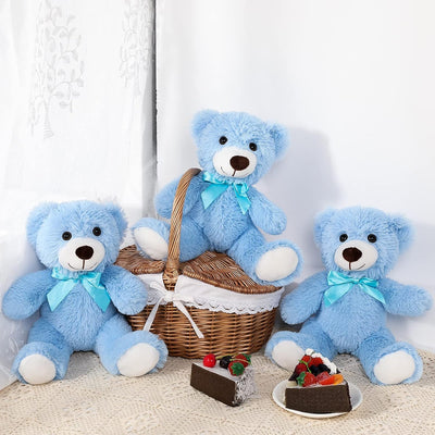 3 Pack Teddy Bear Plush Toy Set, Blue, 13.8 Inches