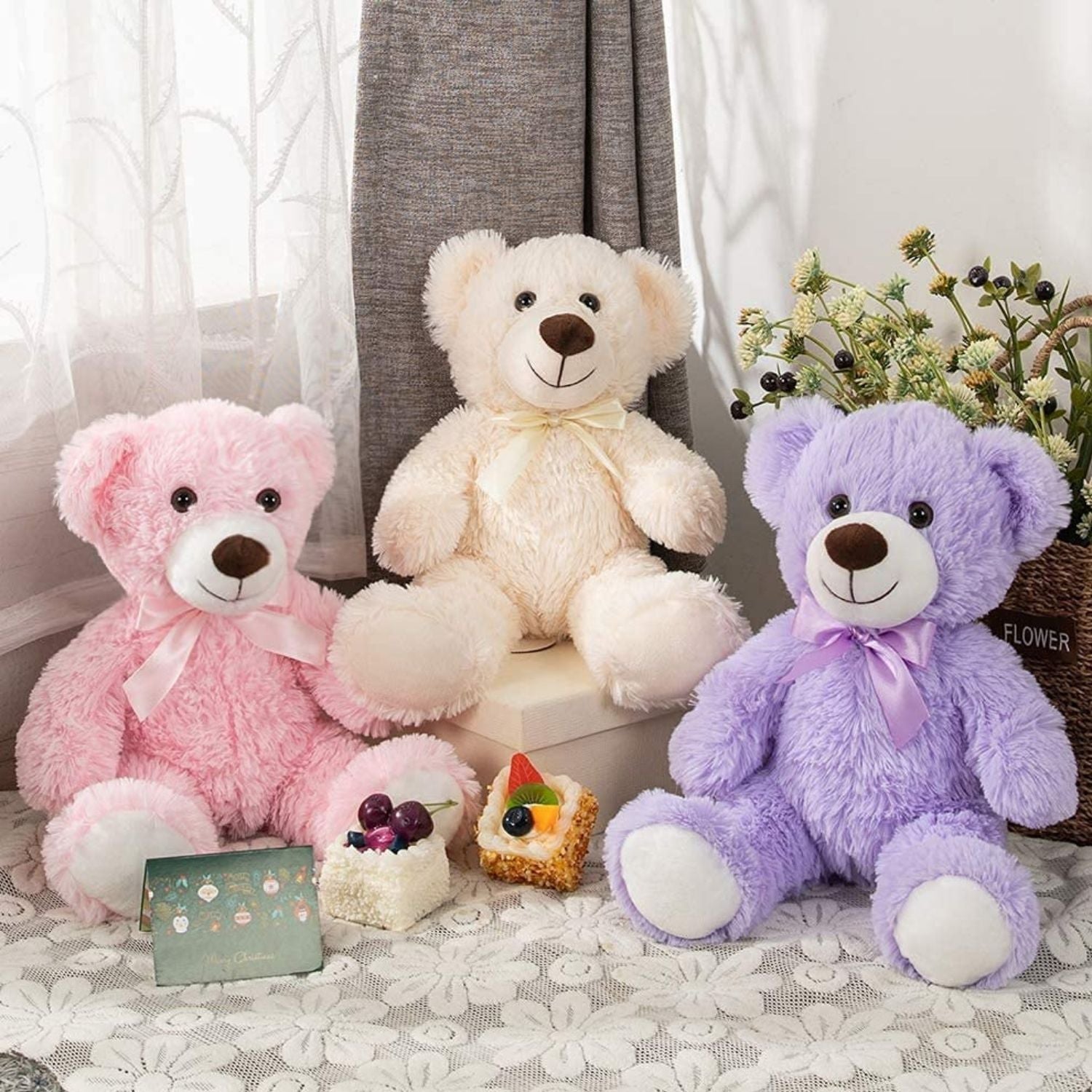 3-Pack Teddy Bears, Beige/Pink/Purple, 13.8 Inches