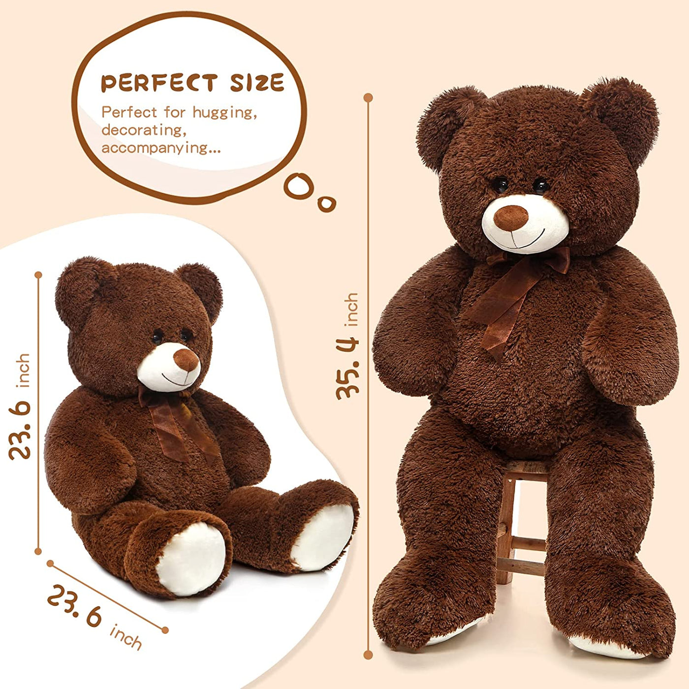 Giant Teddy Bear Plush Toy, Coffee, 35.4/51 Inches - MorisMos Plush Toys