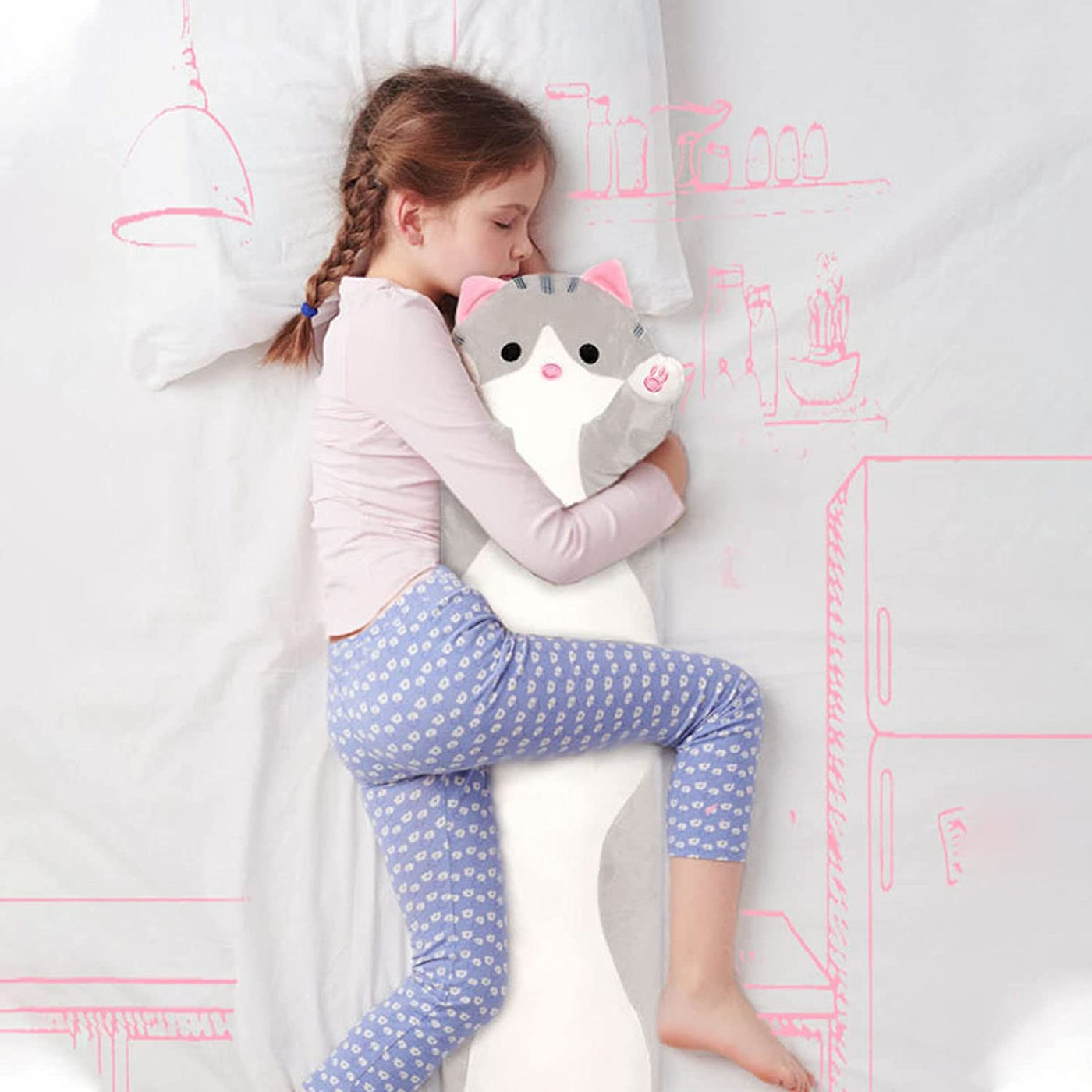 Cat Long Plush Pillow, Grey, 35.4 Inches