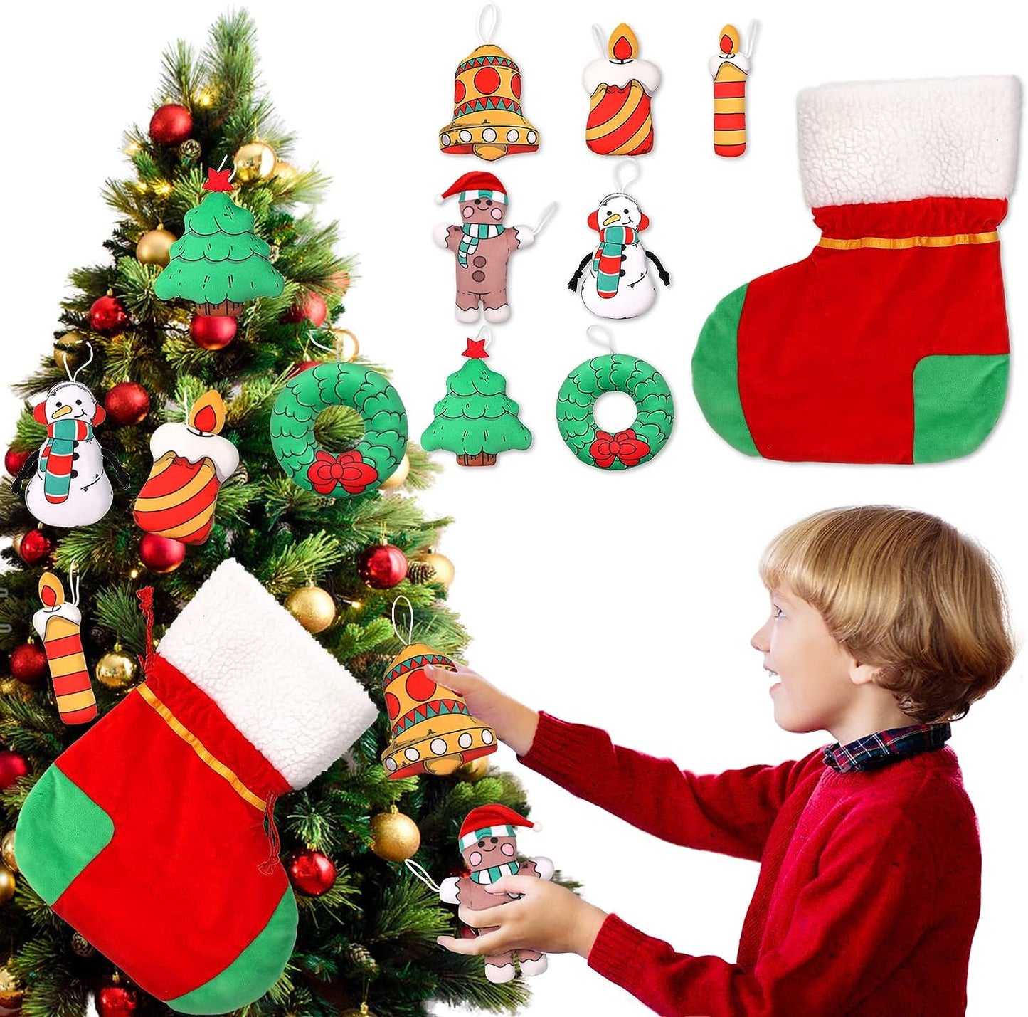 MorisMos Stuffed Animals - Christmas Theme Stuffed Animals - Christmas Decorative Plush Toys - 8 Piece Christmas Tree Decorative Ornaments - Christmas Gift Guide - Stuffed Christmas Santa Claus, Snowman, Christmas Tree, Garland, Candle, Bell, Stocking - Christmas Gift - Christmas Plush Toys&Gifts Deals - Free Shipping Worldwide