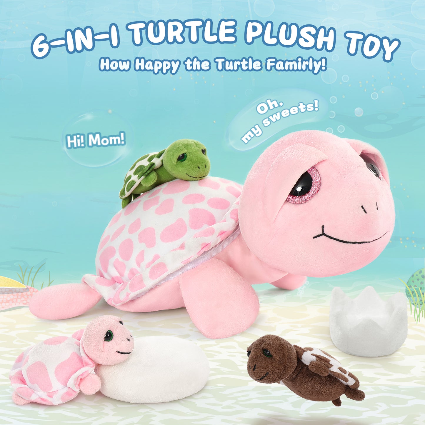 Cute Sea Turtle Stuffed Toy Set, Green/Pink, 14 Inches - MorisMos Ocean Animals - Free Shipping!