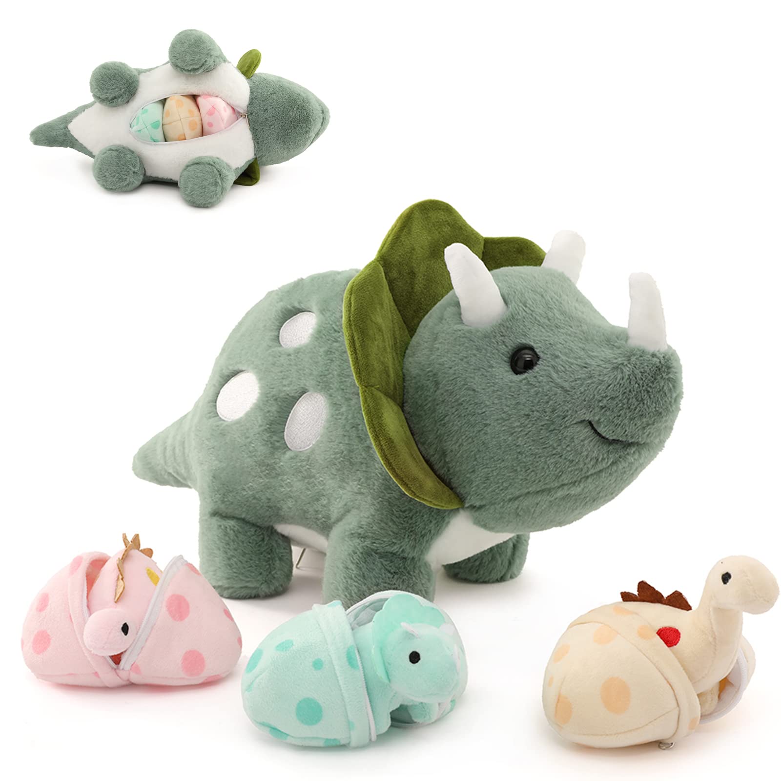 Dinosaur Plush Toy with 3 Baby Dinosaurs, Green/Pink, 17.6 Inches