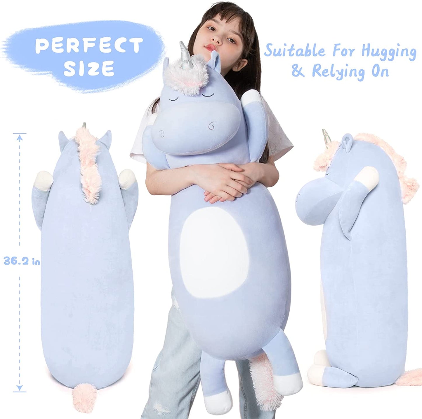 Giant Unicorn Body Pillow, Blue, 23.6/36.2 Inches - MorisMos Stuffed Animals
