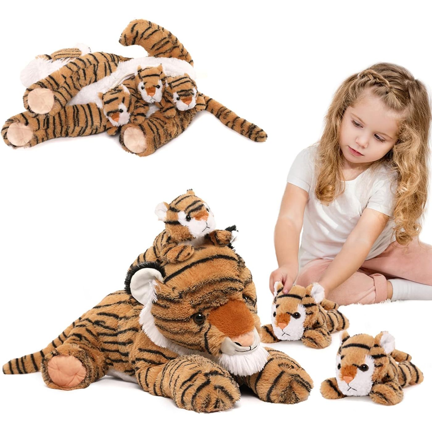 Jungle Tiger Stuffed Animals - Safari Tiger Plush Toys - 4 Pcs Tiger Stuffed Animals - Realistic Tiger Plush Dolls - Cute Cartoon Tiger Plush Pillows for Kids - Christmas/Birthday Gift for Kids - Stuffed Animal Babies with their Mom