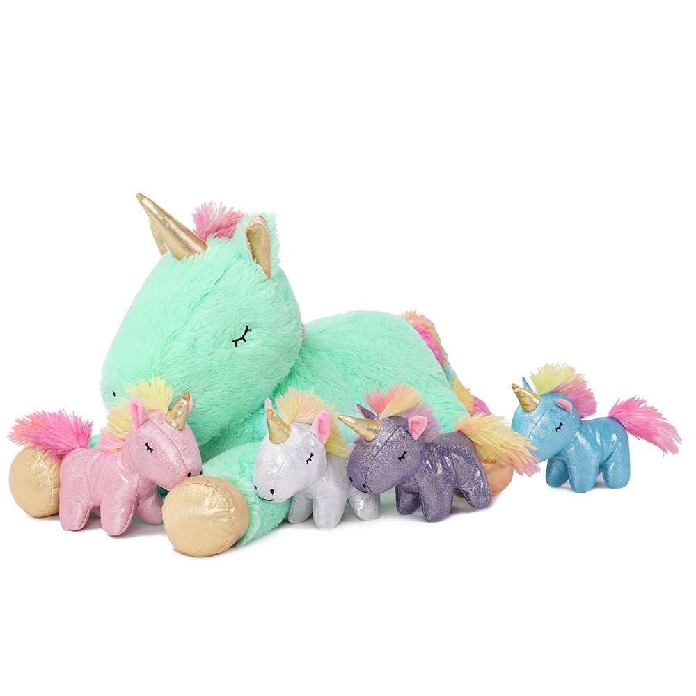 Unicorn Mom with Baby Plushies, Green, 24 Inches - MorisMos Stuffed Animals