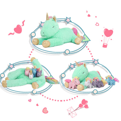 Unicorn Mom with Baby Plushies, Green, 24 Inches - MorisMos Stuffed Animals