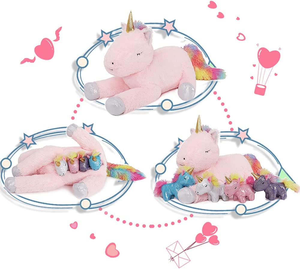 Unicorn Mom with Baby Plushies, Pink, 24 Inches - MorisMos Stuffed Animals