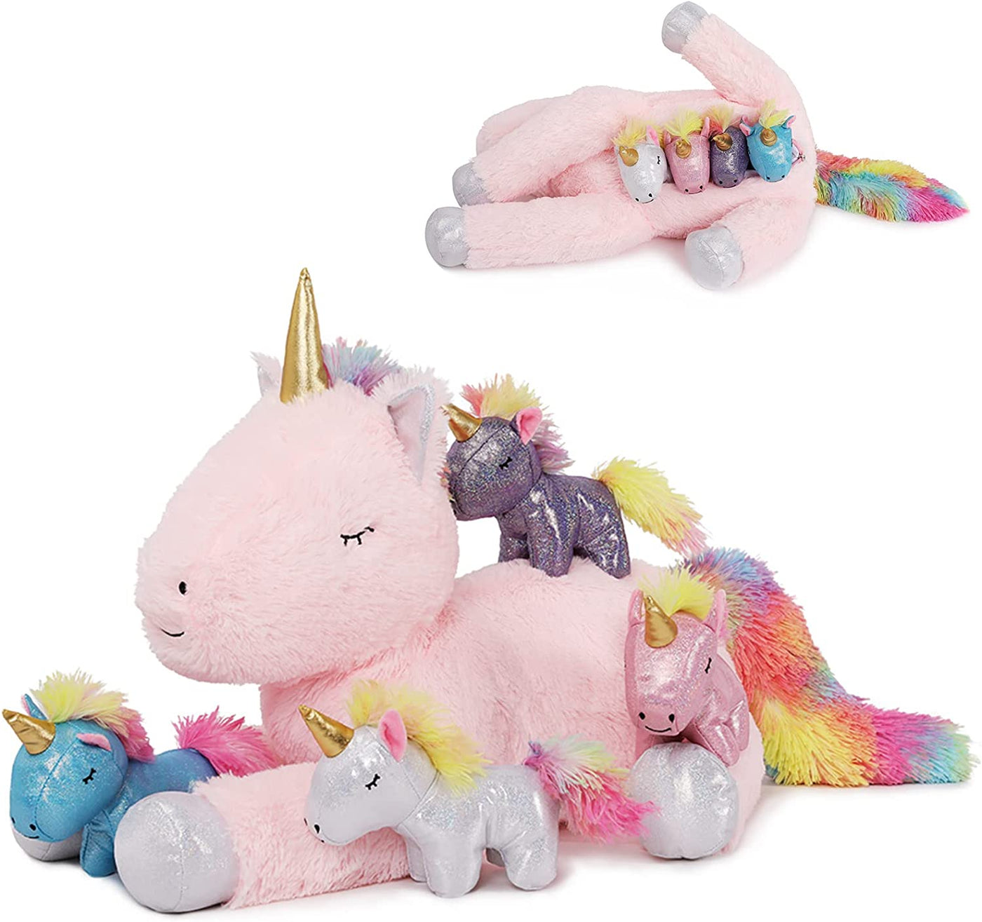 Unicorn Mom with Baby Plushies, Pink, 24 Inches - MorisMos Stuffed Animals