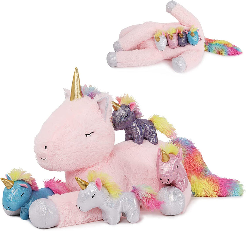 Tezituor Unicorn Mom with Baby Plushies, Pink, 24 Inches