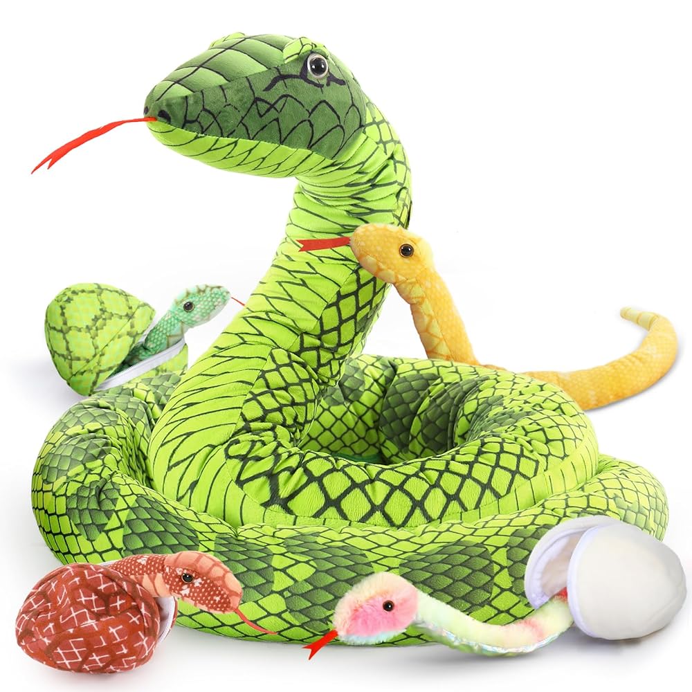 Riesiges Schlangen-Spielzeugset mit Stofftieren, Grün/Gelb, 80/55 Zoll