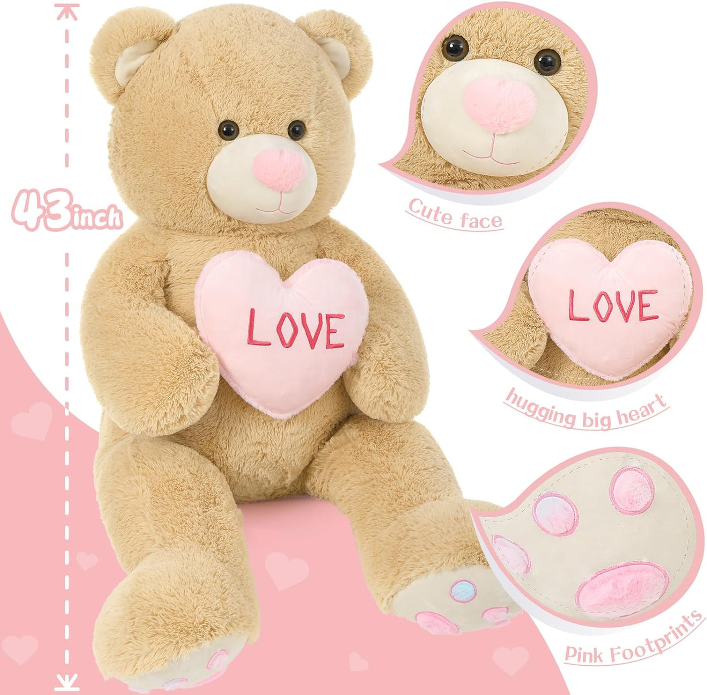 Valentine's Teddy Bear Plush Toy, Light Brown, 43 Inches