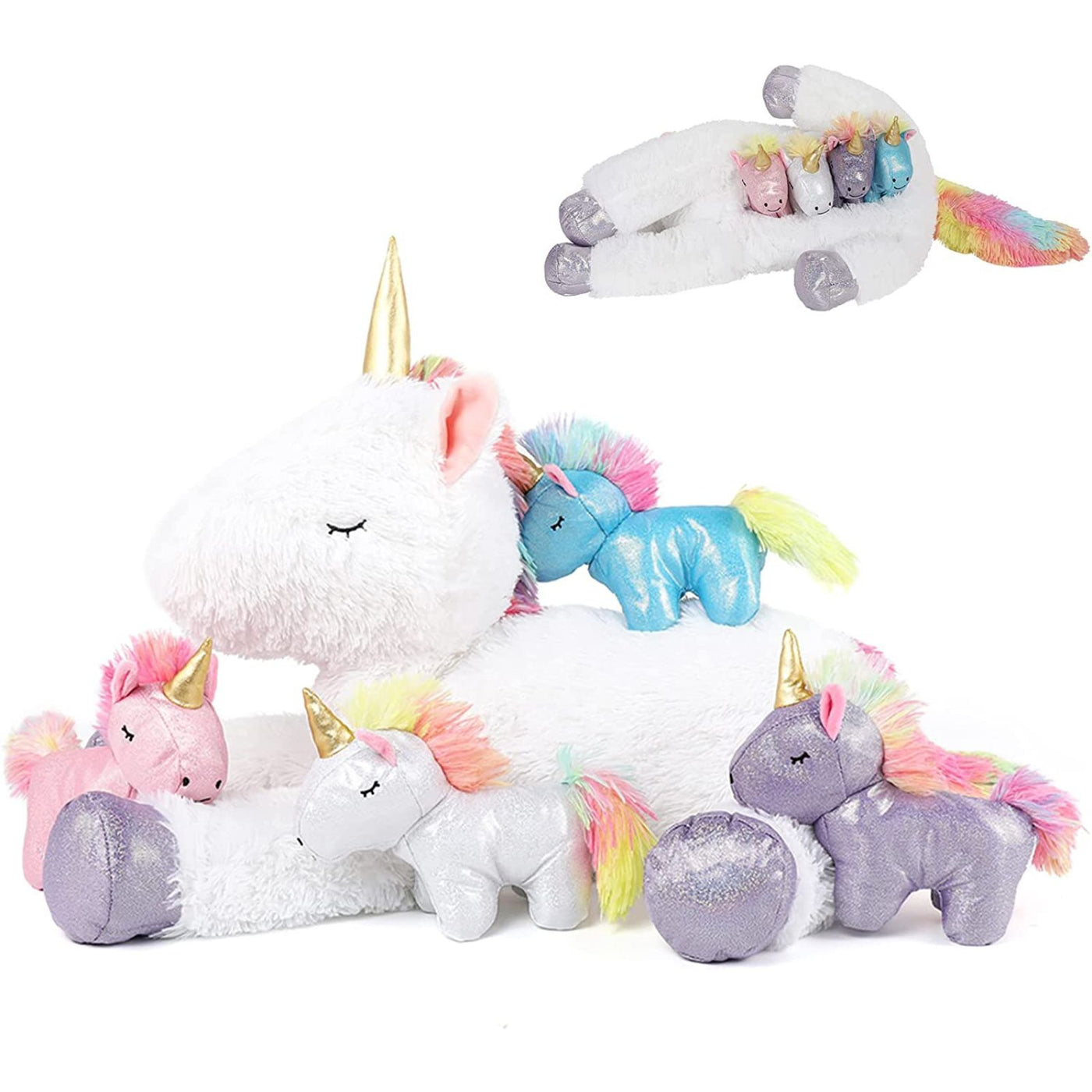Unicorn Mom with Baby Plushies, White, 24 Inches - MorisMos Stuffed Animals