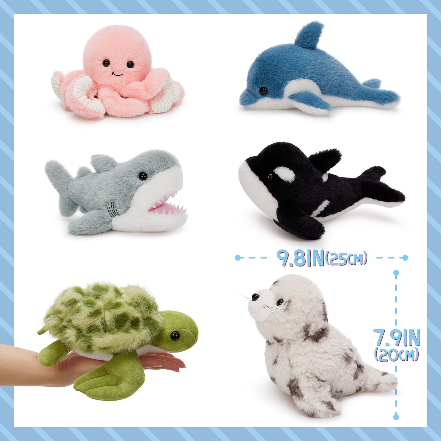 6 Pcs Ocean Stuffed Animals - Mini Turtle, Whale, Shark, Seal, Dolphin, Octopus Plush Toys - Kawaii Plush Keychains - Wholesale Stuffed Animals - Free Shipping Now