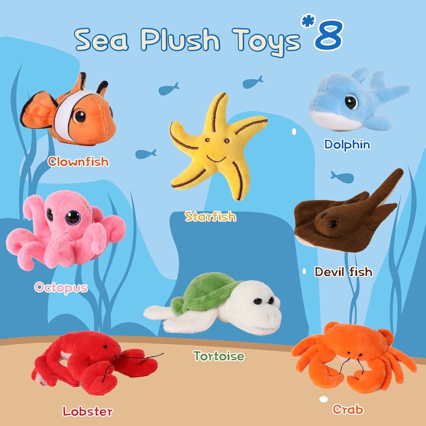 8 Piece Sea Animal Stuffed Toy Set, 11.4 Inches