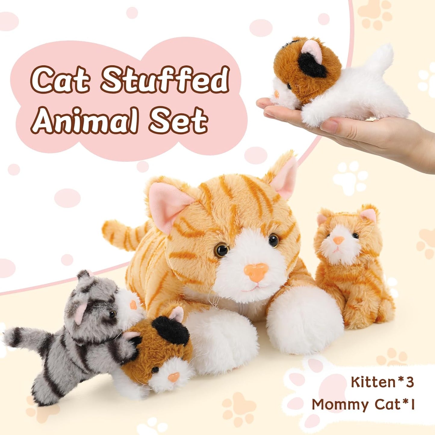 Realistic Orange Cat Stuffed Animals - 4 Pcs Short Fur Cat Plush Toys - Kitty Baby Stuffed Animals with Their Mom - Cute Kitten Plush Toys - Christmas Birthday Gift for Kids Teens Adults