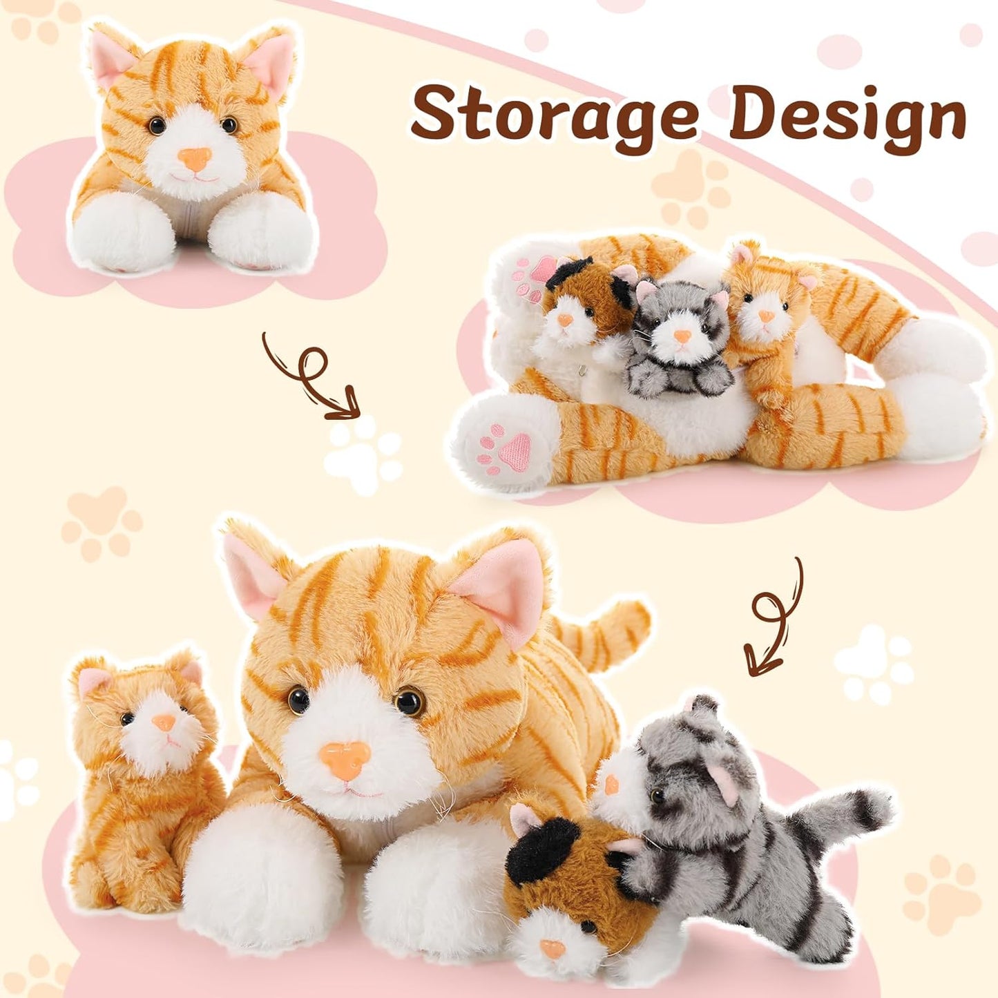 Realistic Orange Cat Stuffed Animals - 4 Pcs Short Fur Cat Plush Toys - Kitty Baby Stuffed Animals with Their Mom - Cute Kitten Plush Toys - Christmas Birthday Gift for Kids Teens Adults