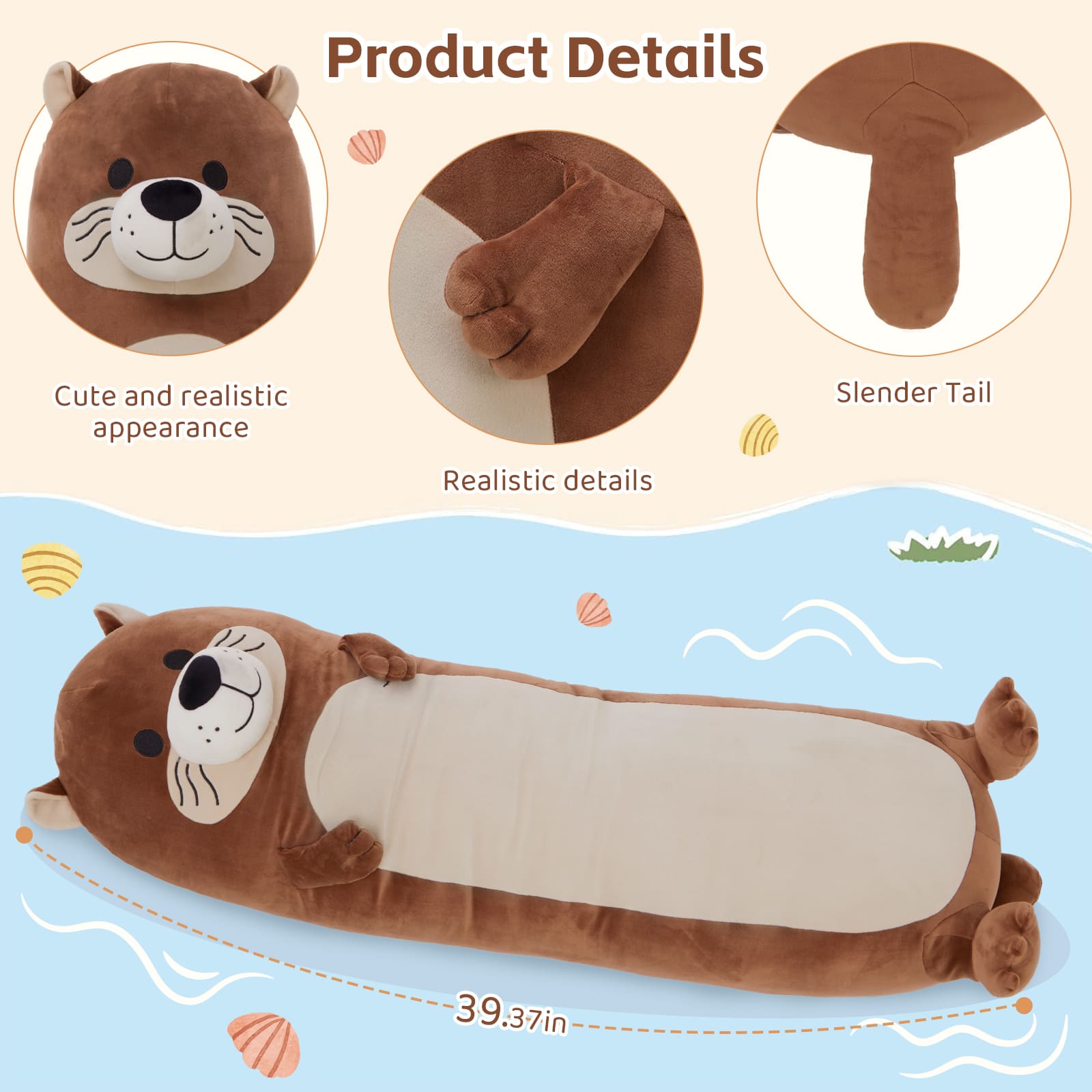 Sea Otter Long Throw Pillow, Dark Brown, 39.5 Inches