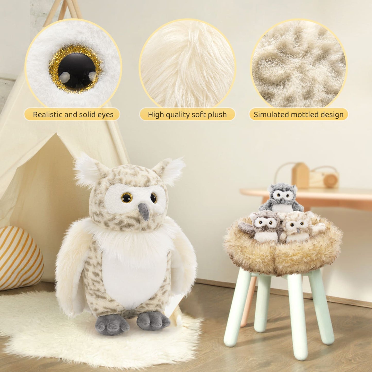 Owl Mom And Baby Stuffed Animals Set - Lifelike Eurasian Eagle-owl Plush Toys - Stuffed Animal Owl Babies with Their Mom - Owl Stuffed Animals with Babies In The Belly - Gift for Birders - Realistic Owl Stuffies - Gift for Kids Teens Adults On Birthday, Christmas, Easter, Baby Shower, Valentine's Day